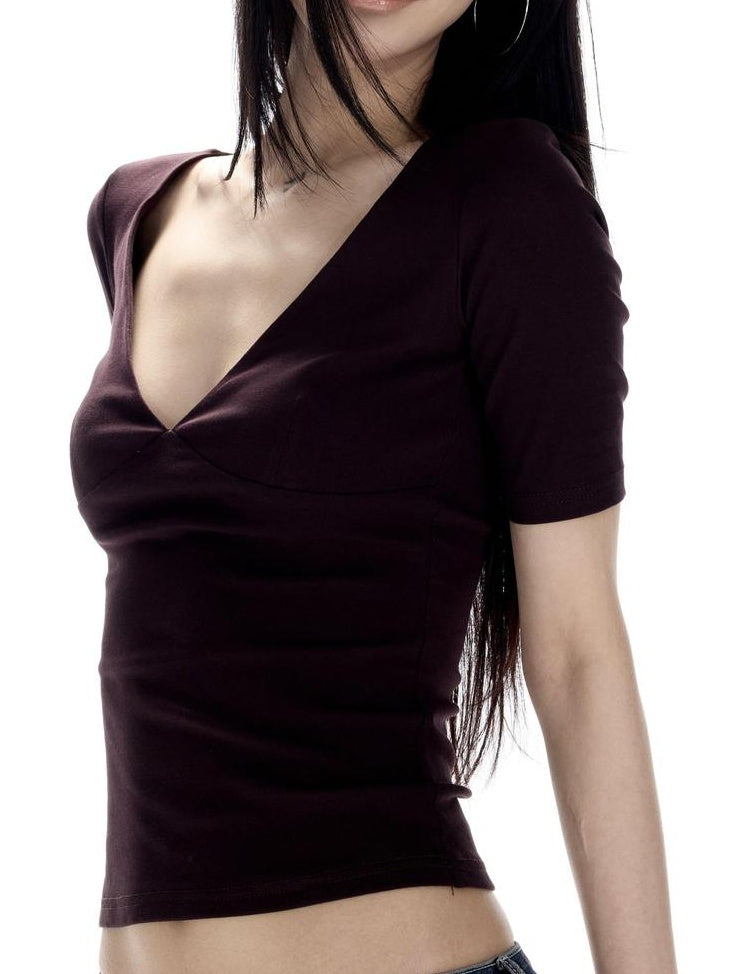 CrushOnit Soft Breathable V-neck Slim Women Deep Purple Cotton Basic Crop Tops