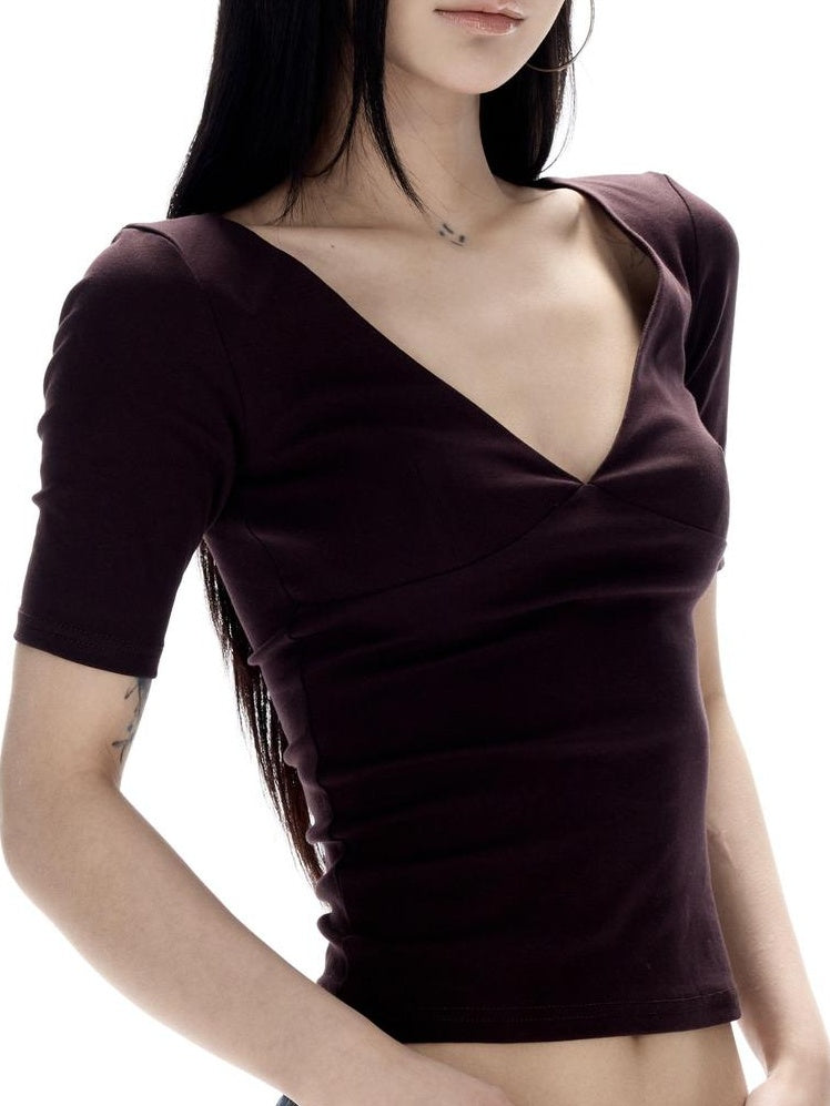CrushOnit Soft Breathable V-neck Slim Women Deep Purple Cotton Basic Crop Tops