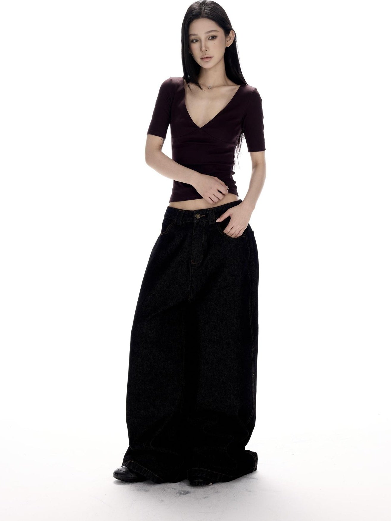 CrushOnit Soft Breathable V-neck Slim Women Deep Purple Cotton Basic Crop Tops
