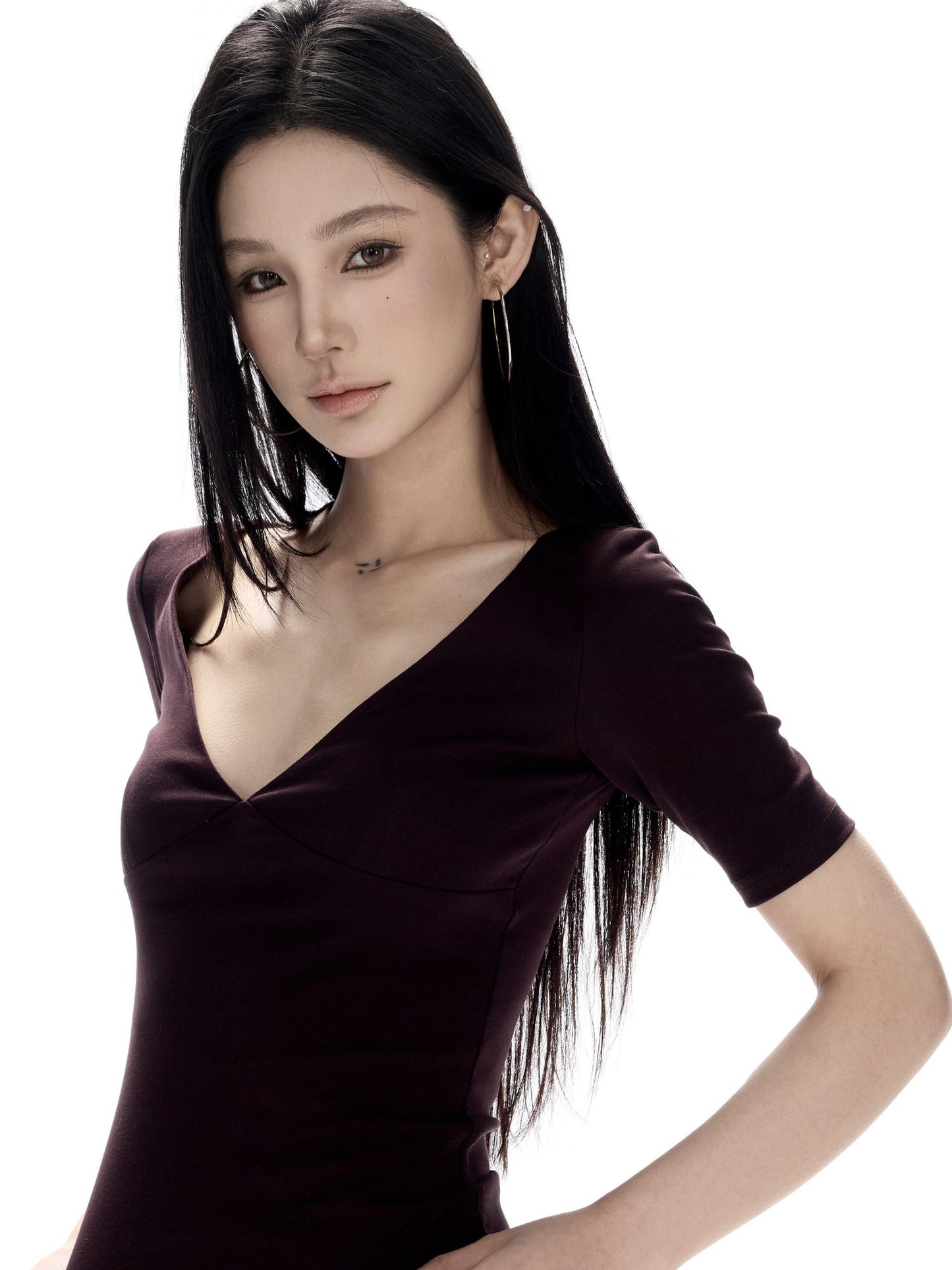 CrushOnit Soft Breathable V-neck Slim Women Deep Purple Cotton Basic Crop Tops