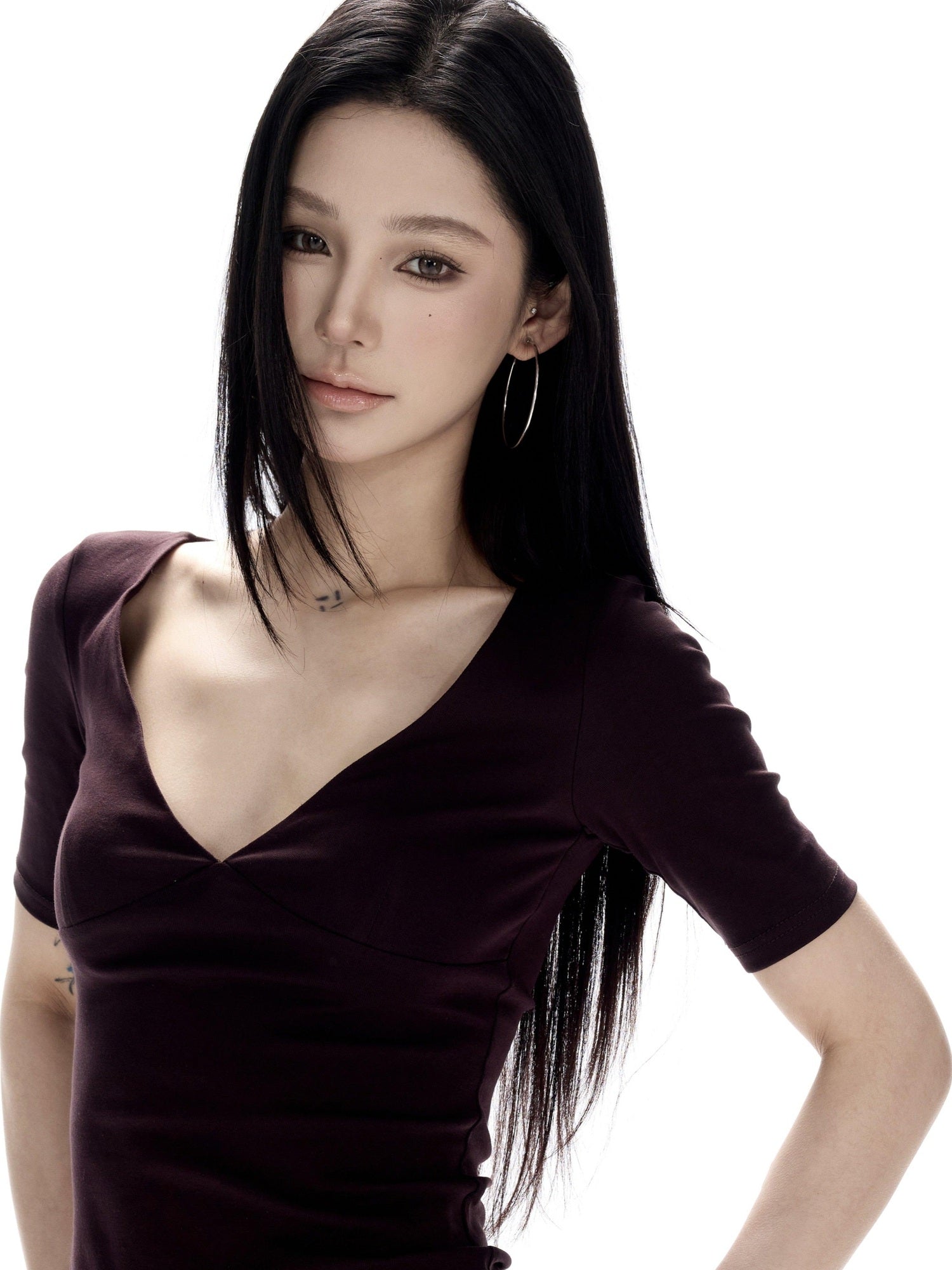 CrushOnit Soft Breathable V-neck Slim Women Deep Purple Cotton Basic Crop Tops