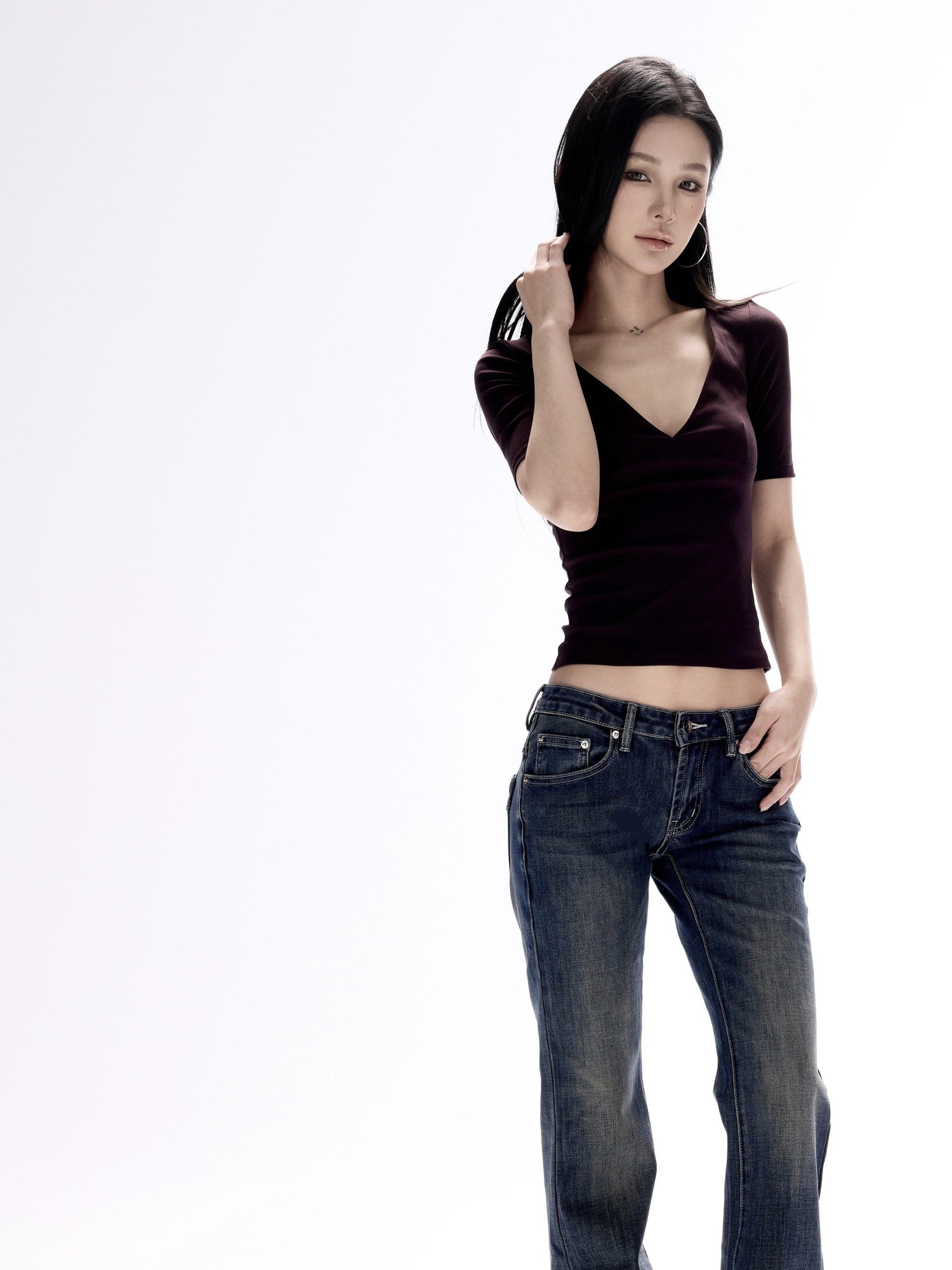 CrushOnit Soft Breathable V-neck Slim Women Deep Purple Cotton Basic Crop Tops