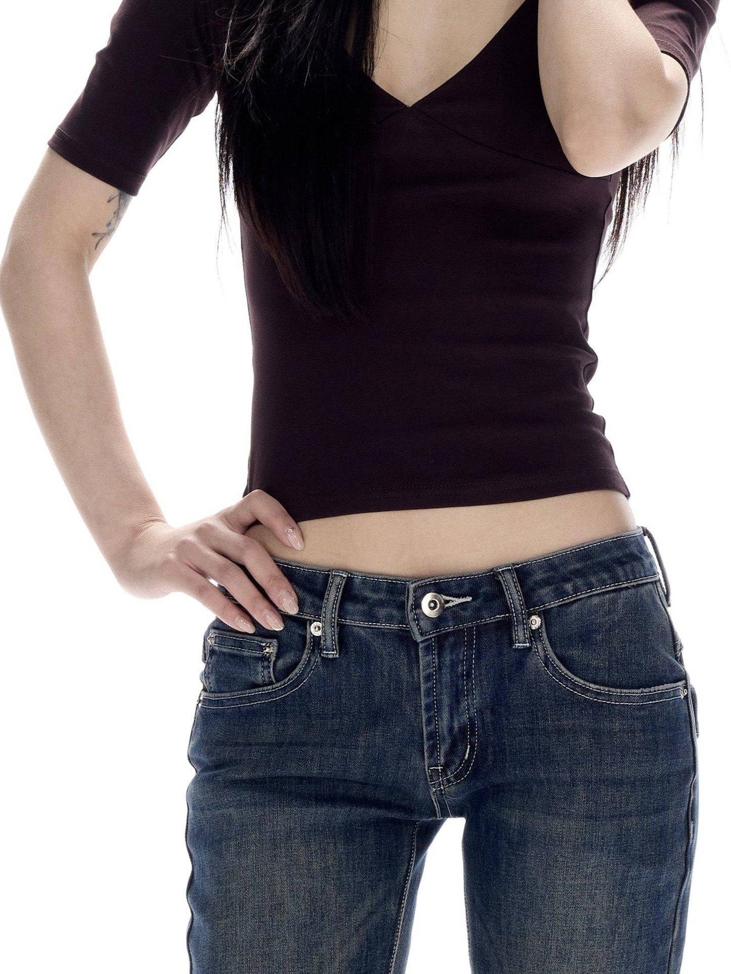 CrushOnit Soft Breathable V-neck Slim Women Deep Purple Cotton Basic Crop Tops