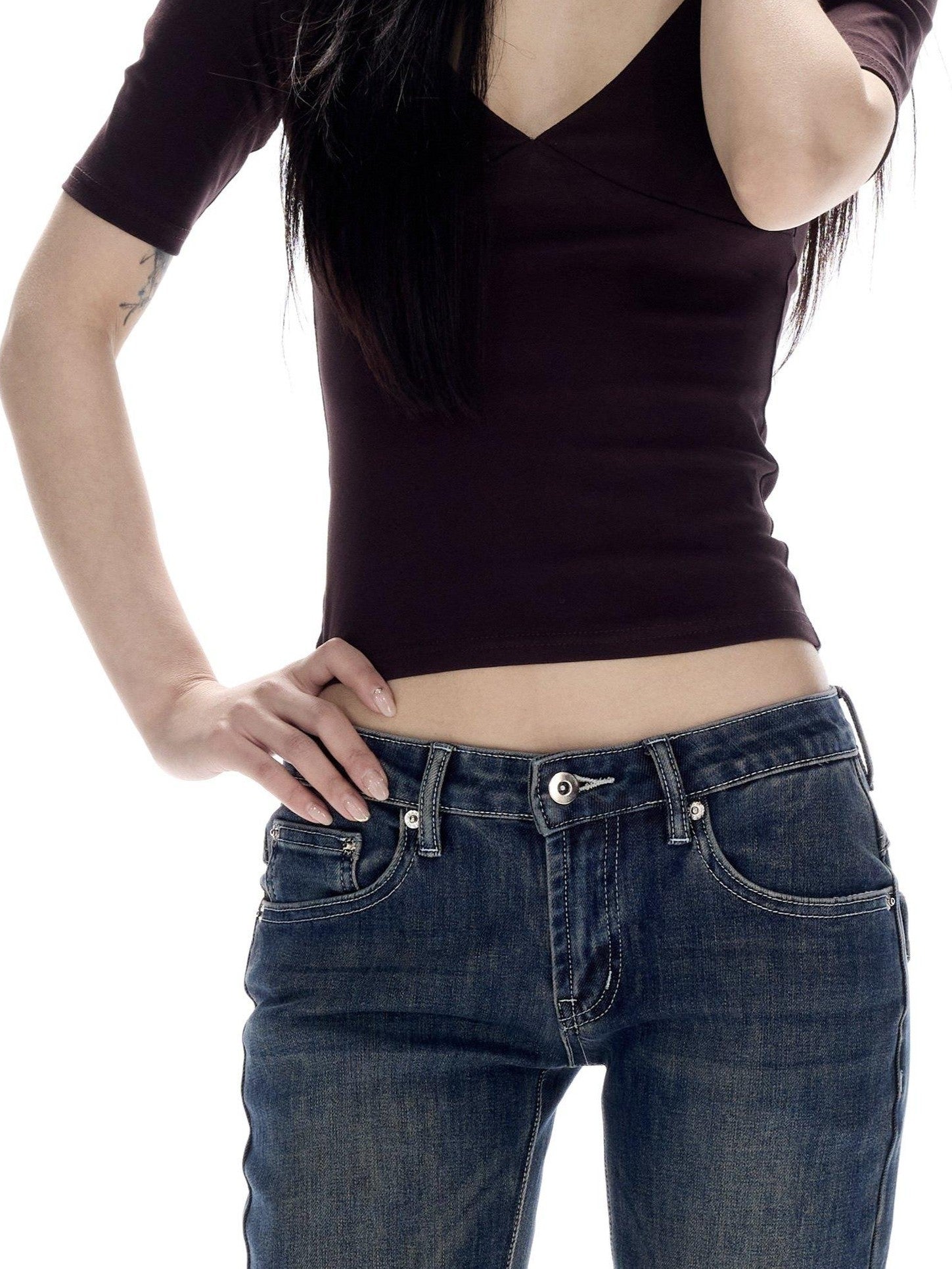 CrushOnit Soft Breathable V-neck Slim Women Deep Purple Cotton Basic Crop Tops