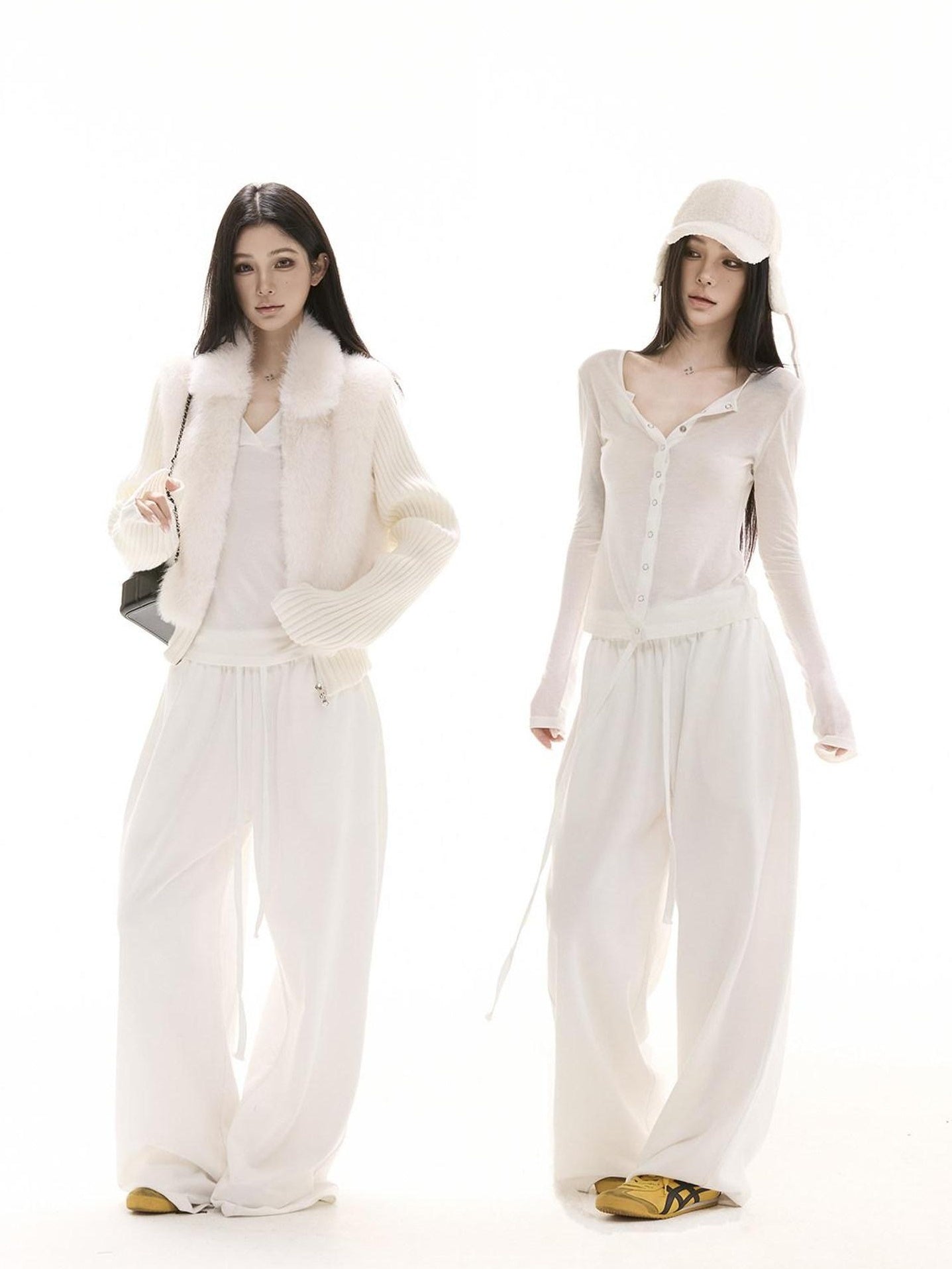 CrushOnit Soft Cotton Drawstring Minimal Natural Waist Women White Stretch Wide Leg Pants