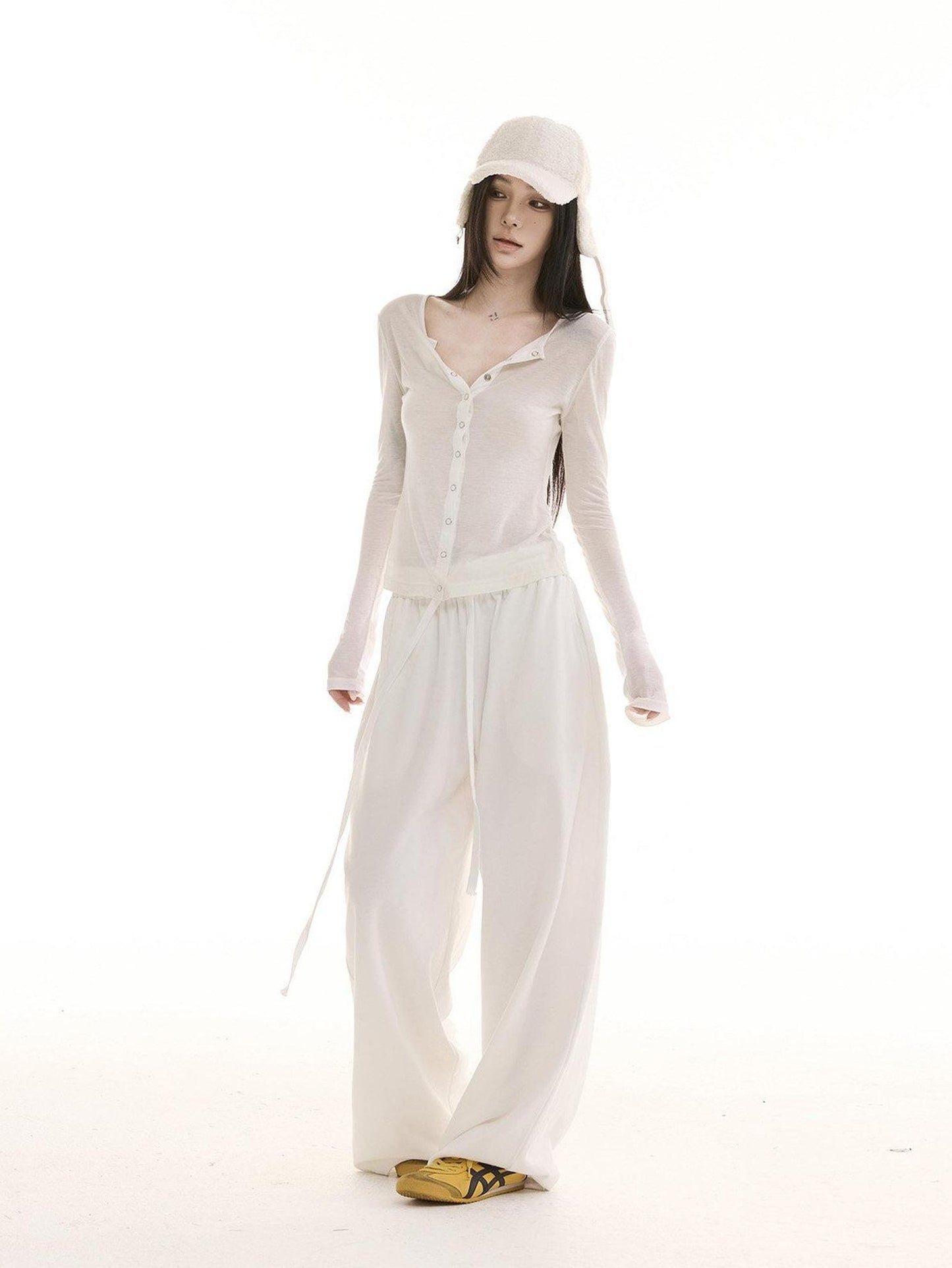 CrushOnit Soft Cotton Drawstring Minimal Natural Waist Women White Stretch Wide Leg Pants