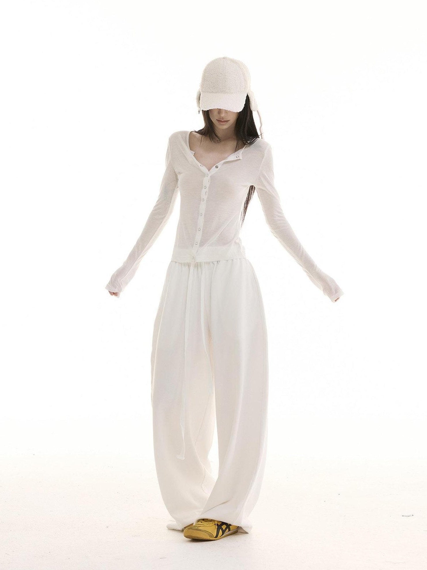 CrushOnit Soft Cotton Drawstring Minimal Natural Waist Women White Stretch Wide Leg Pants