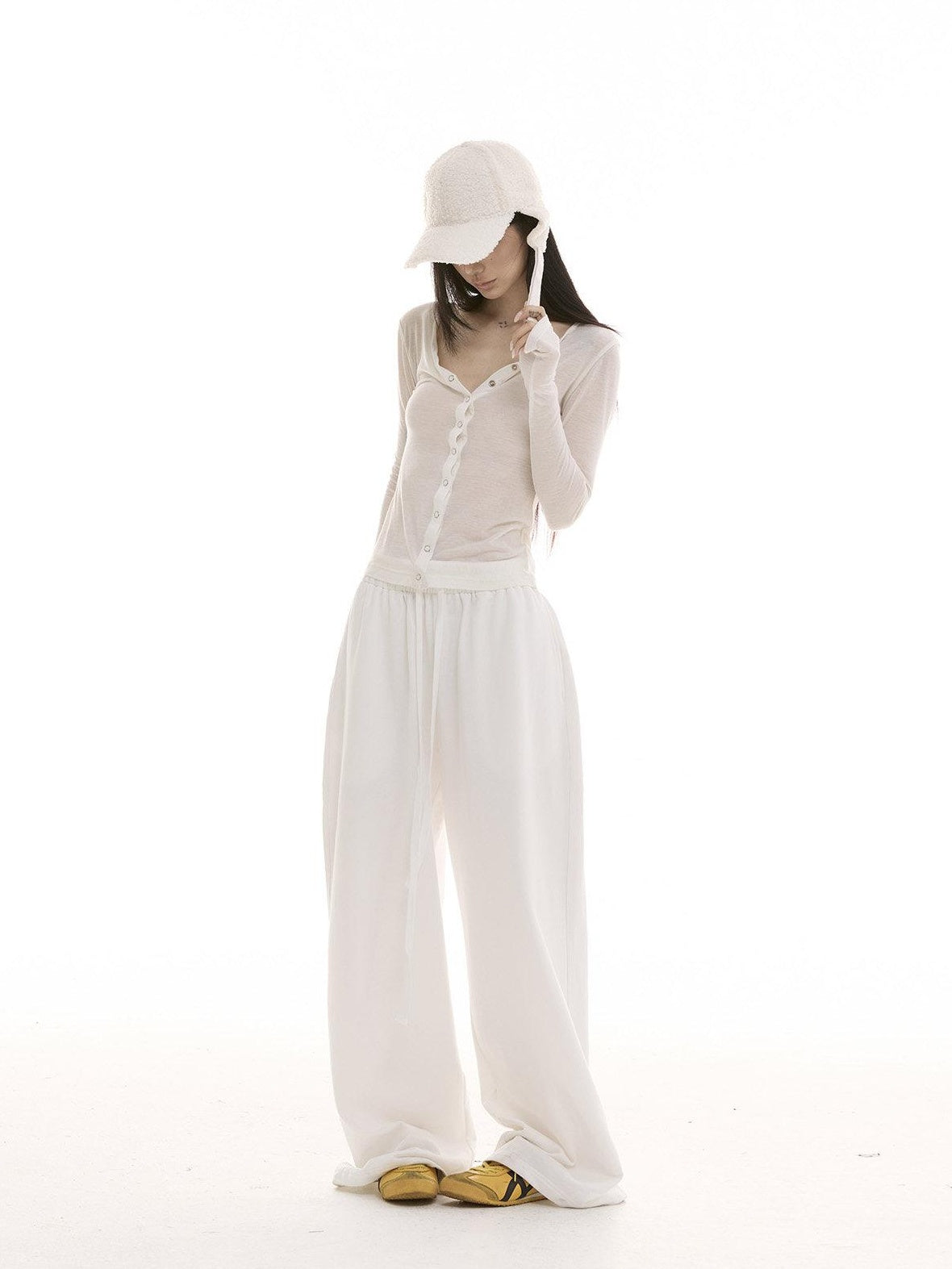CrushOnit Soft Cotton Drawstring Minimal Natural Waist Women White Stretch Wide Leg Pants