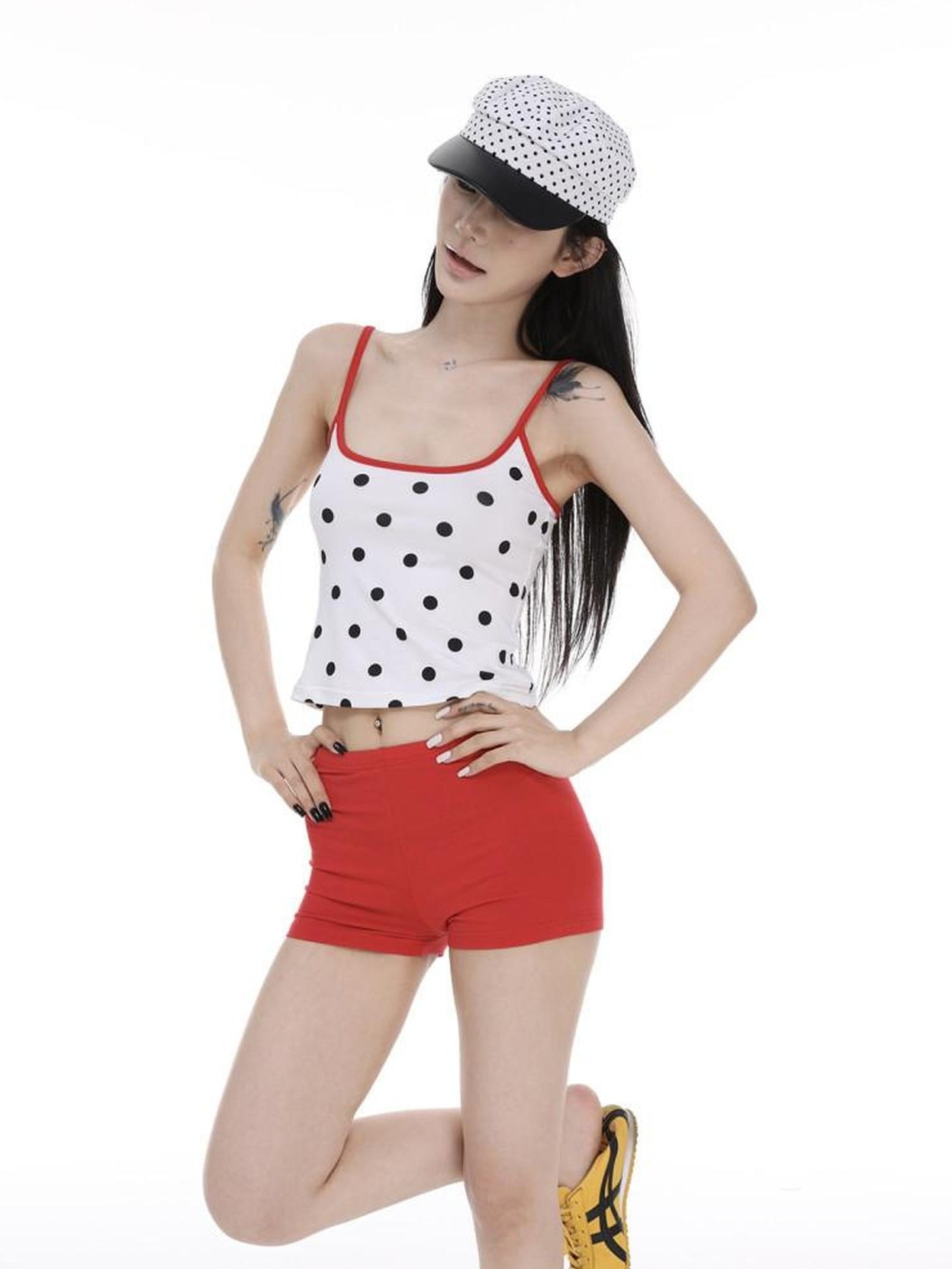 CrushOnit Soft Cotton Two Piece Pullover Polka Dot Top Red Shorts Womens Camisoles