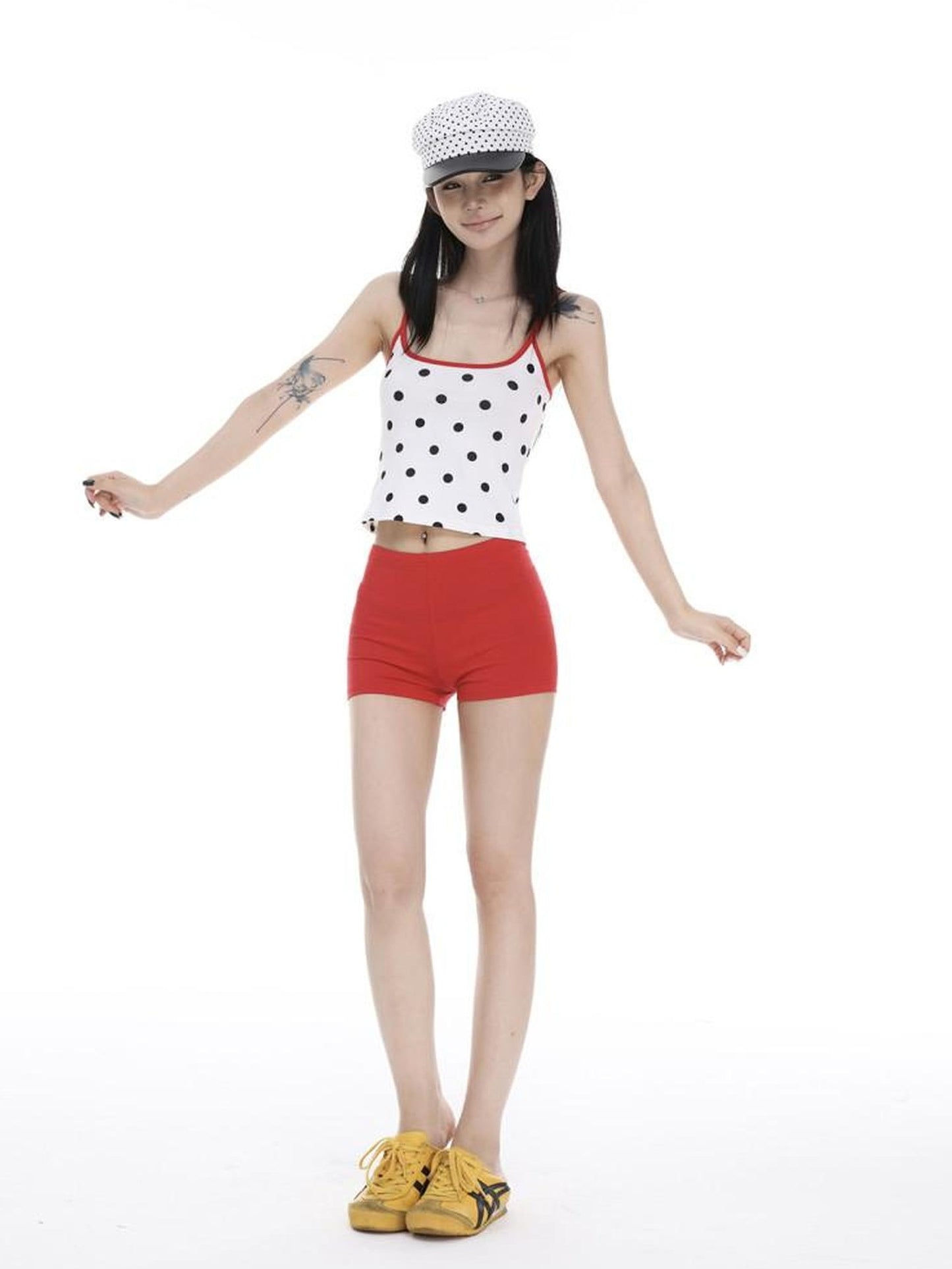 CrushOnit Soft Cotton Two Piece Pullover Polka Dot Top Red Shorts Womens Camisoles