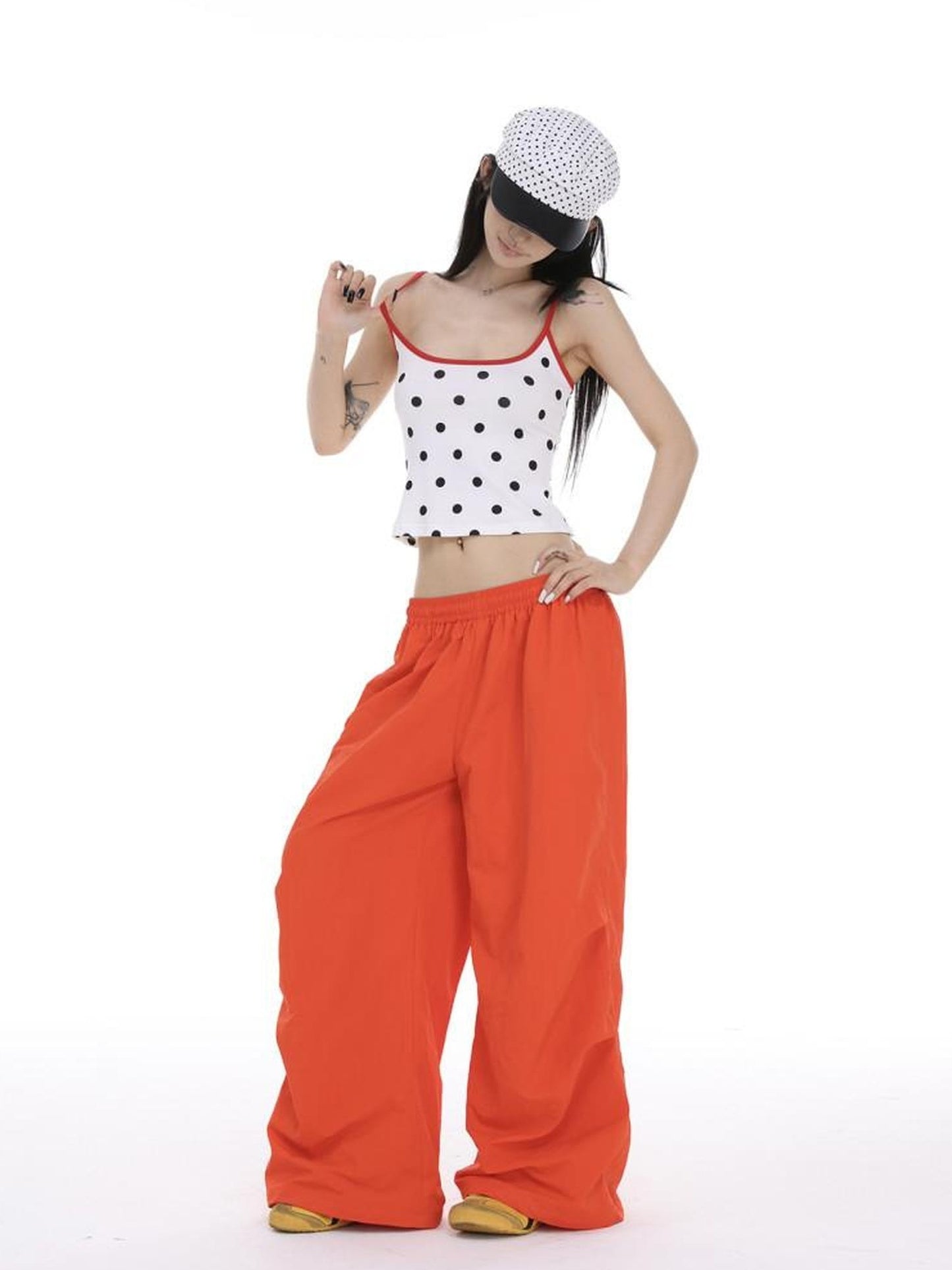 CrushOnit Soft Cotton Two Piece Pullover Polka Dot Top Red Shorts Womens Camisoles
