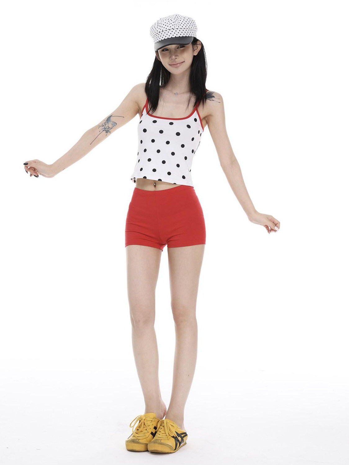 CrushOnit Soft Cotton Two Piece Pullover Polka Dot Top Red Shorts Womens Camisoles