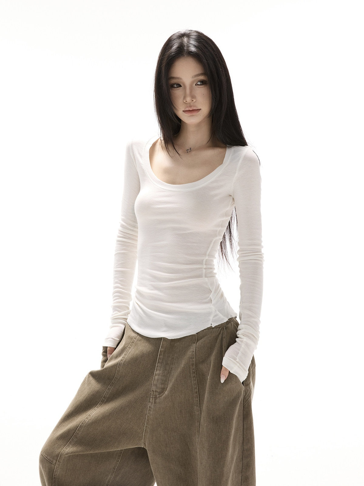 CrushOnit_Soft_Lyocell_Stretch_Slim_Fit_U_Neck_Cross_Print_Women_Long_Sleeve_T-Shirts_MISSTT