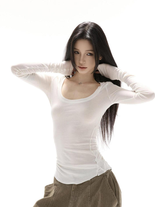 CrushOnit Soft Lyocell Stretch Slim Fit U Neck Cross Print Women Long Sleeve T-Shirts