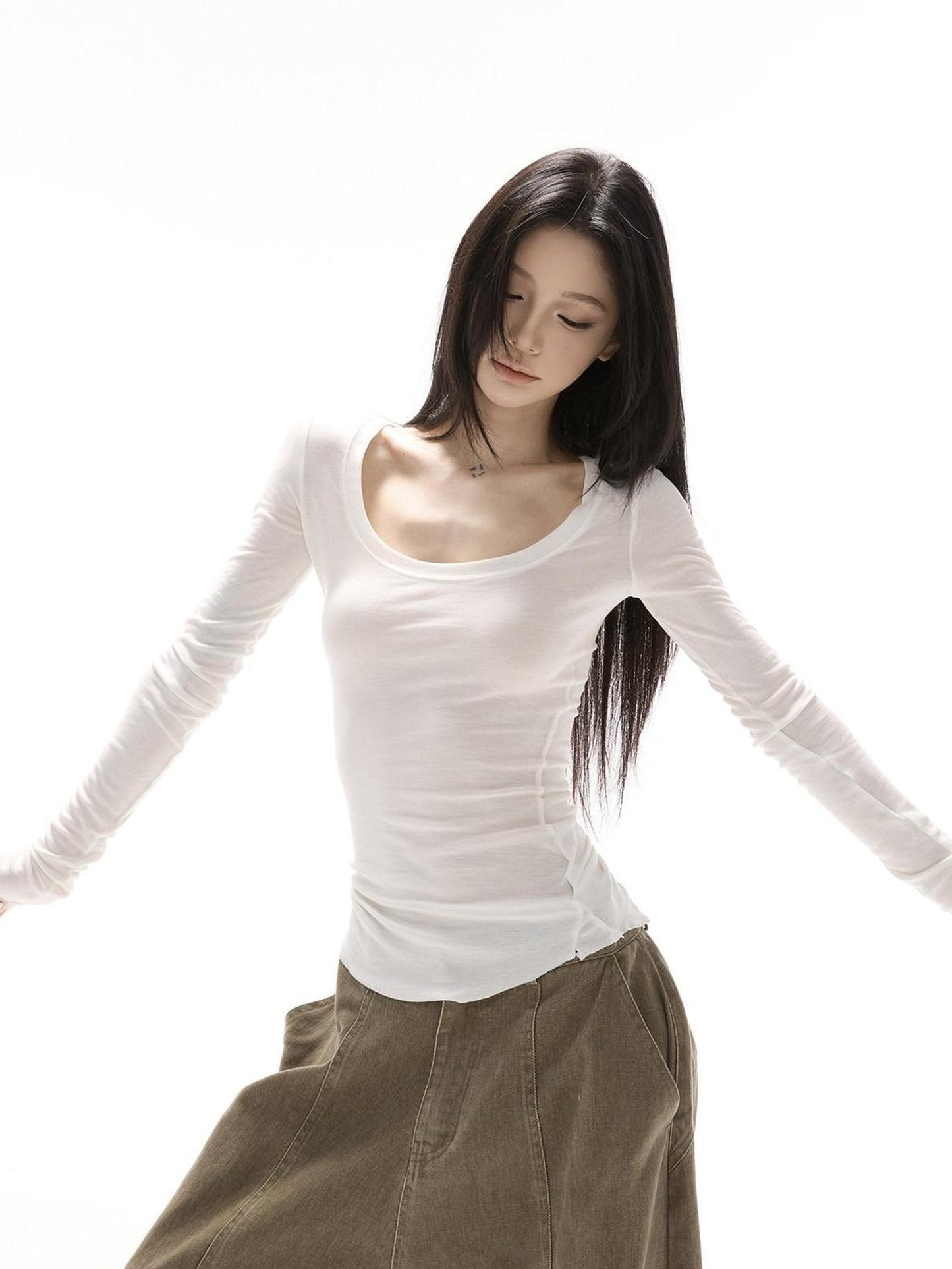 CrushOnit Soft Lyocell Stretch Slim Fit U Neck Cross Print Women Long Sleeve T-Shirts