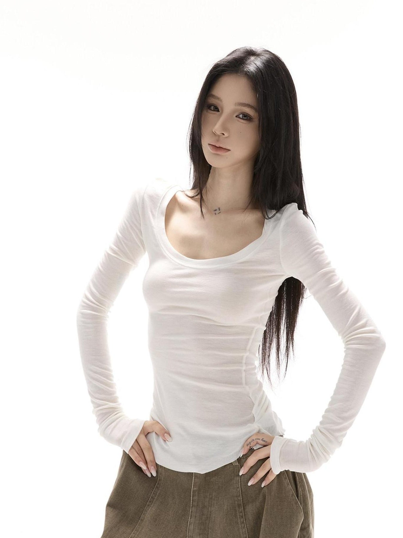 CrushOnit Soft Lyocell Stretch Slim Fit U Neck Cross Print Women Long Sleeve T-Shirts