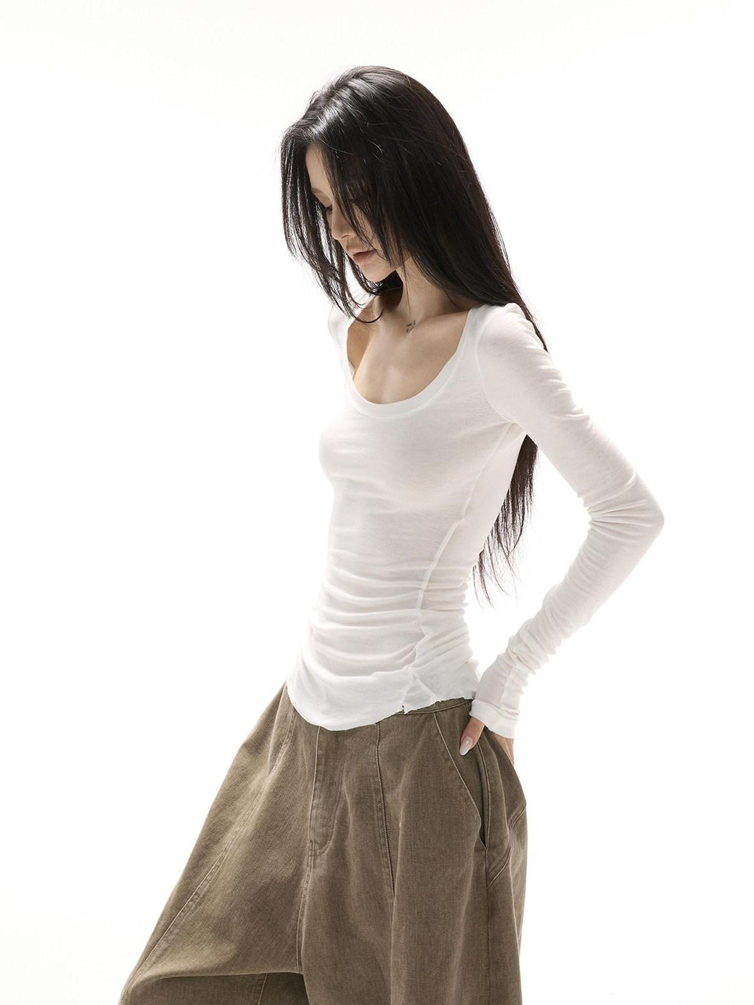 CrushOnit Soft Lyocell Stretch Slim Fit U Neck Cross Print Women Long Sleeve T-Shirts
