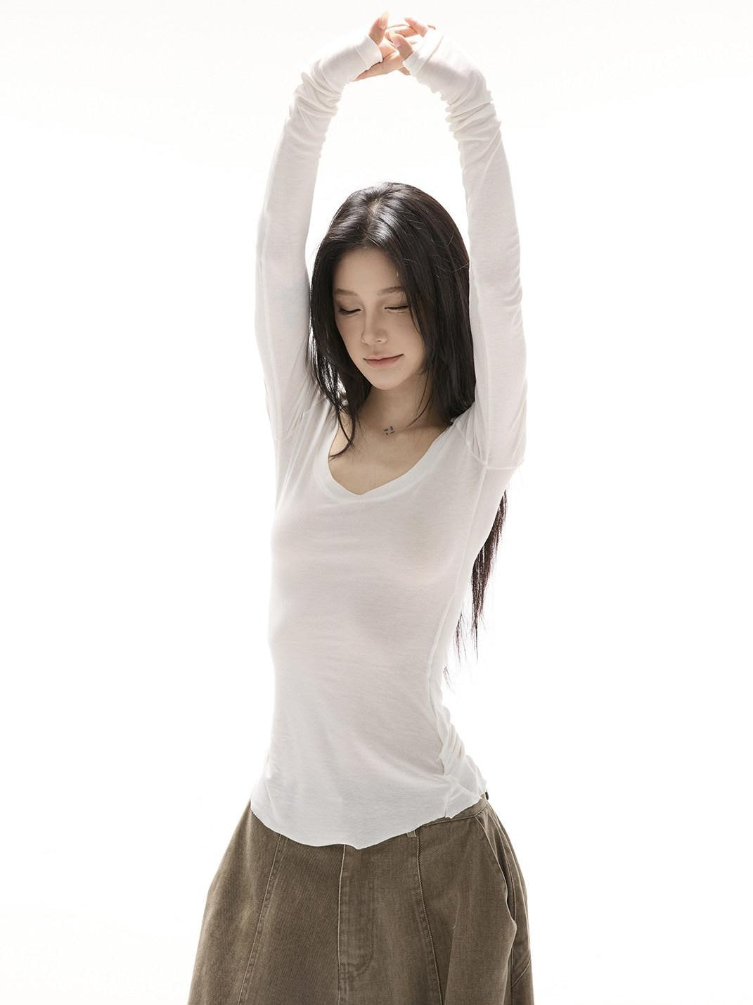 CrushOnit Soft Lyocell Stretch Slim Fit U Neck Cross Print Women Long Sleeve T-Shirts
