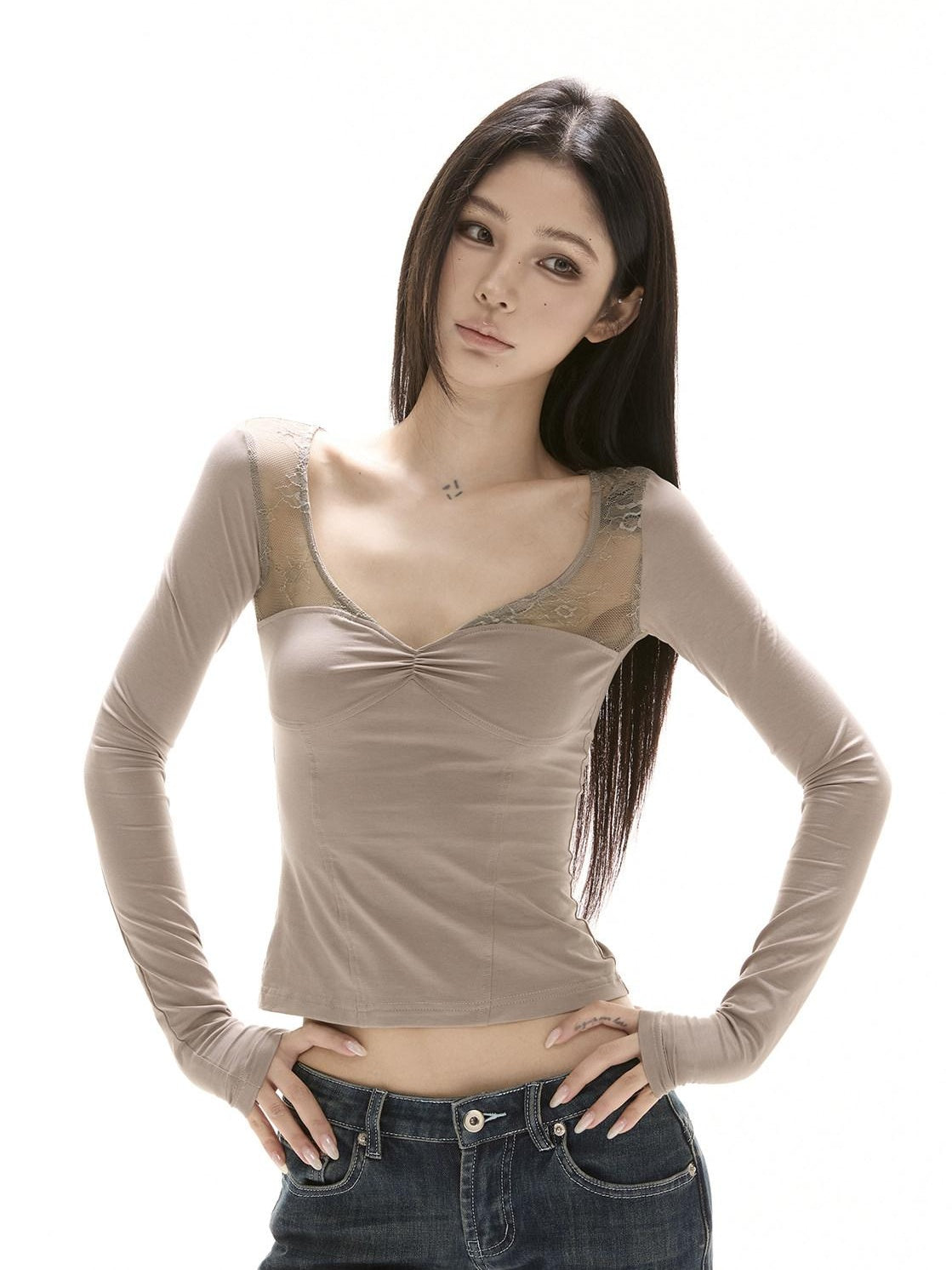 CrushOnit Soft Tencel Cotton Slim V-neck Lace Patchwork Latte Long Sleeve Crop Tops