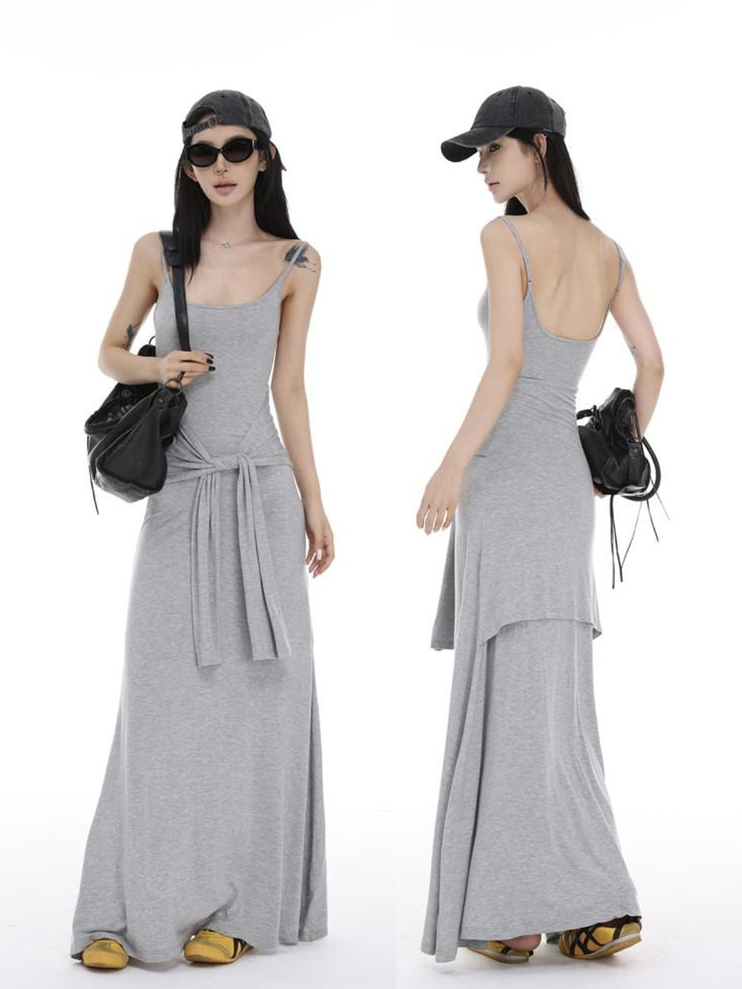 CrushOnit Soft Tie Cinched Waist Strappy Aline U Neck Women Spandex Maxi Dresses