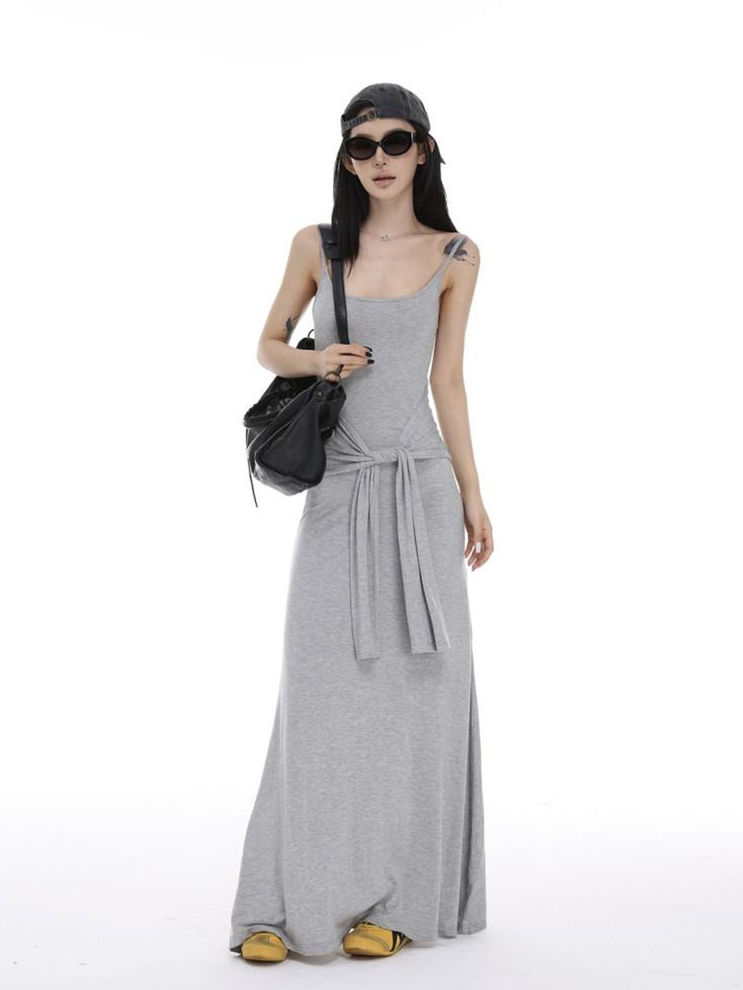 CrushOnit Soft Tie Cinched Waist Strappy Aline U Neck Women Spandex Maxi Dresses