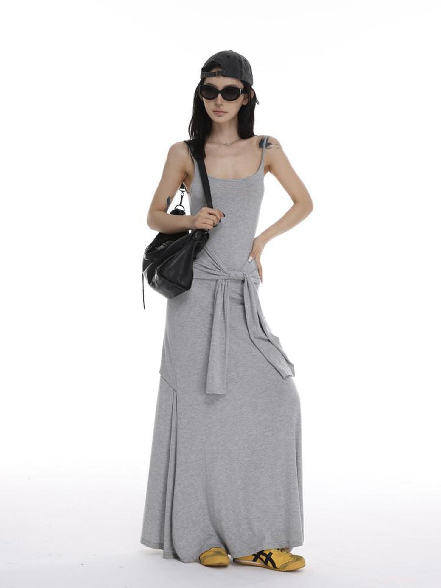 CrushOnit Soft Tie Cinched Waist Strappy Aline U Neck Women Spandex Maxi Dresses