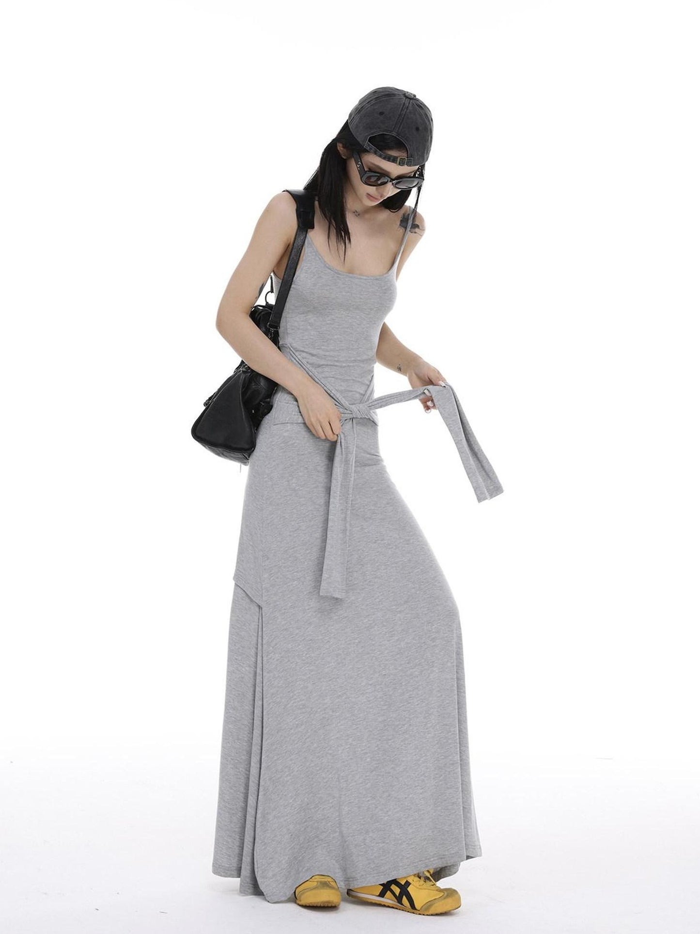 CrushOnit Soft Tie Cinched Waist Strappy Aline U Neck Women Spandex Maxi Dresses