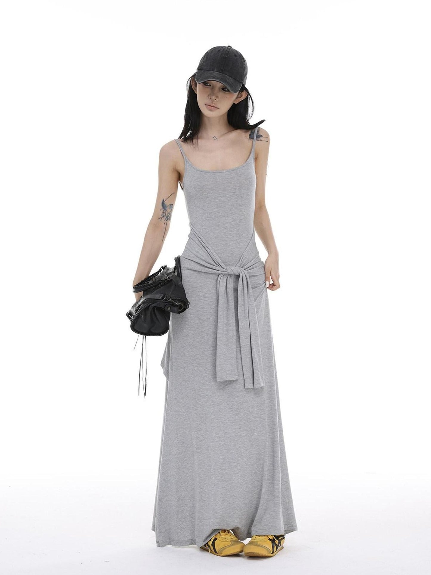 CrushOnit Soft Tie Cinched Waist Strappy Aline U Neck Women Spandex Maxi Dresses