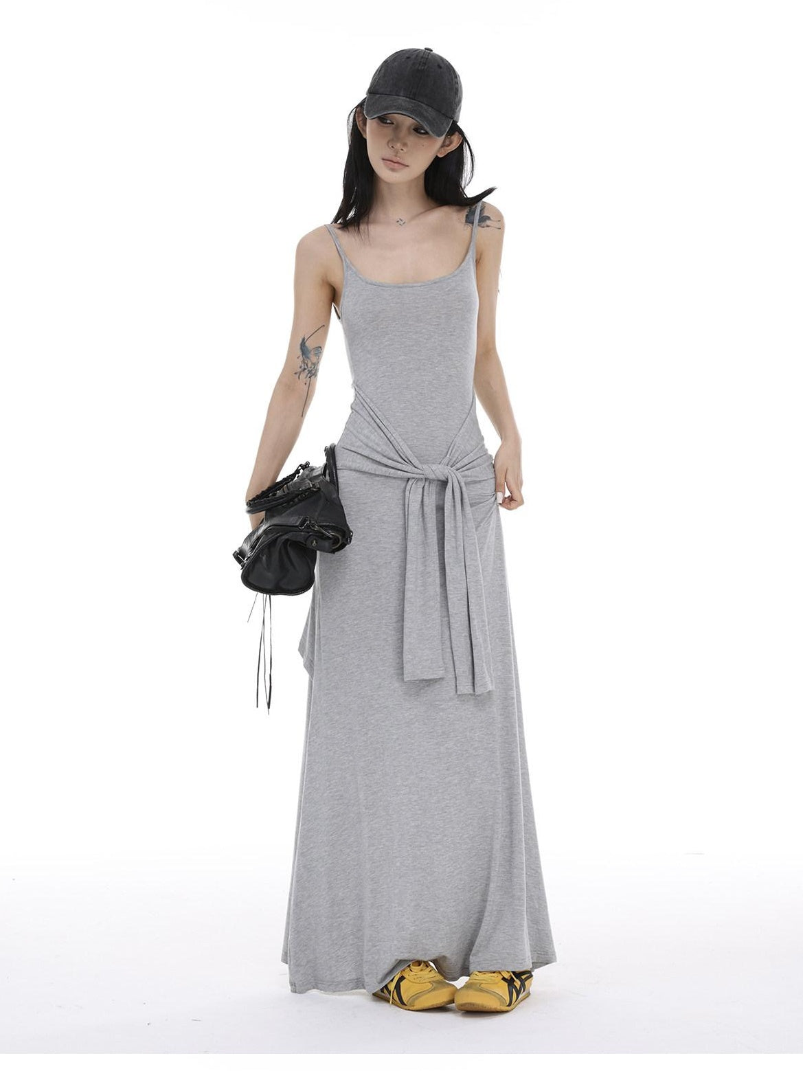 CrushOnit Soft Tie Cinched Waist Strappy Aline U Neck Women Spandex Maxi Dresses