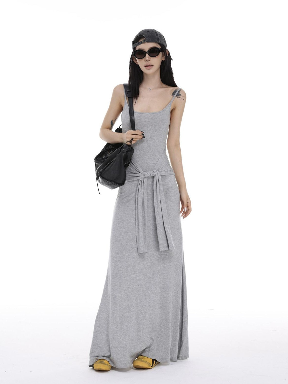 CrushOnit Soft Tie Cinched Waist Strappy Aline U Neck Women Spandex Maxi Dresses