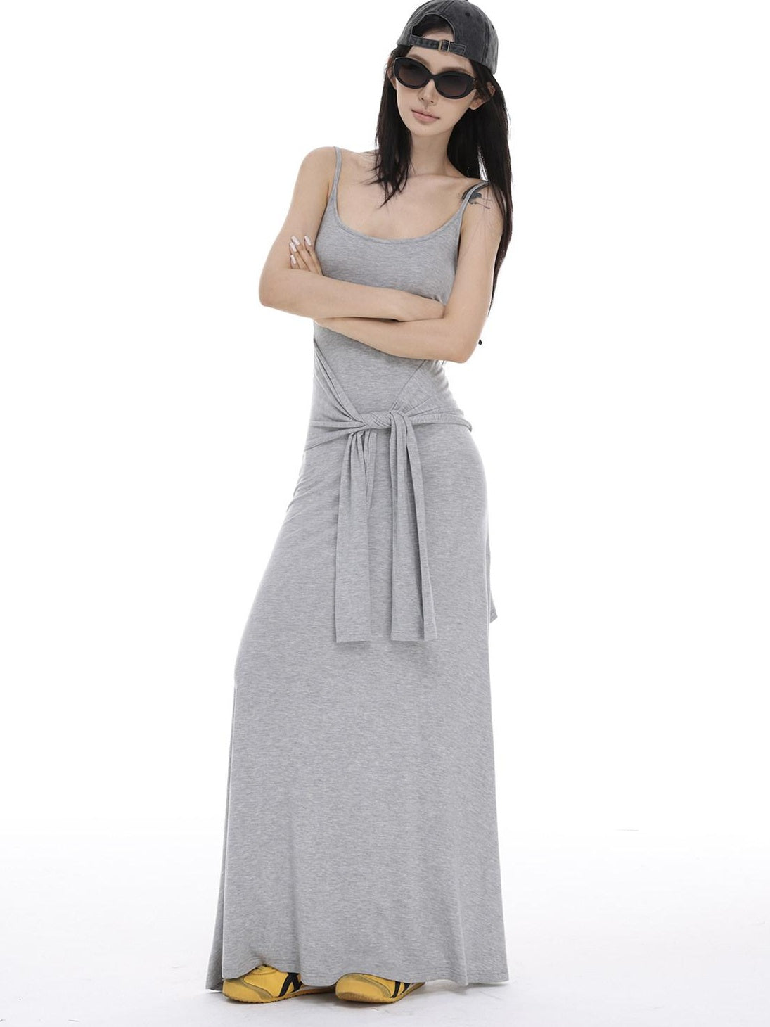 CrushOnit Soft Tie Cinched Waist Strappy Aline U Neck Women Spandex Maxi Dresses