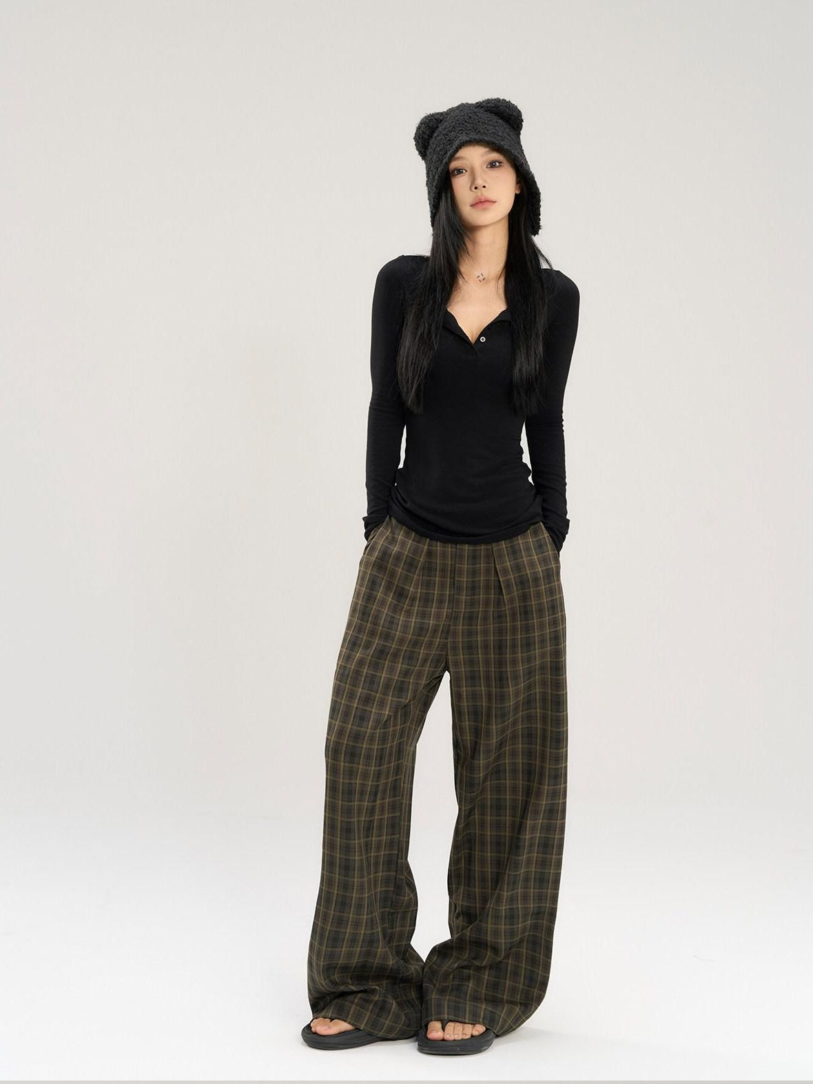 CrushOnit Stretch Cotton Blend Commuter Low Rise Coffee Brown Women Wide Leg Pants
