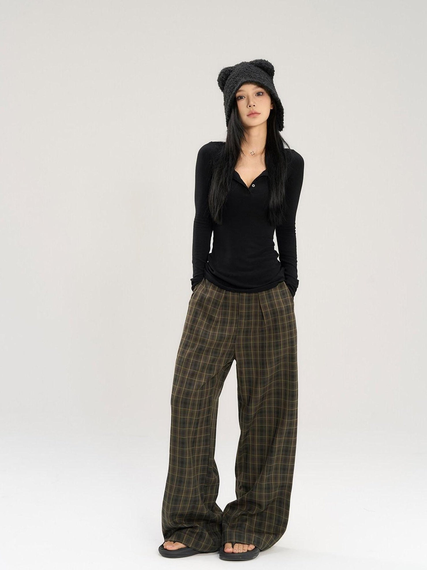 CrushOnit Stretch Cotton Blend Commuter Low Rise Coffee Brown Women Wide Leg Pants