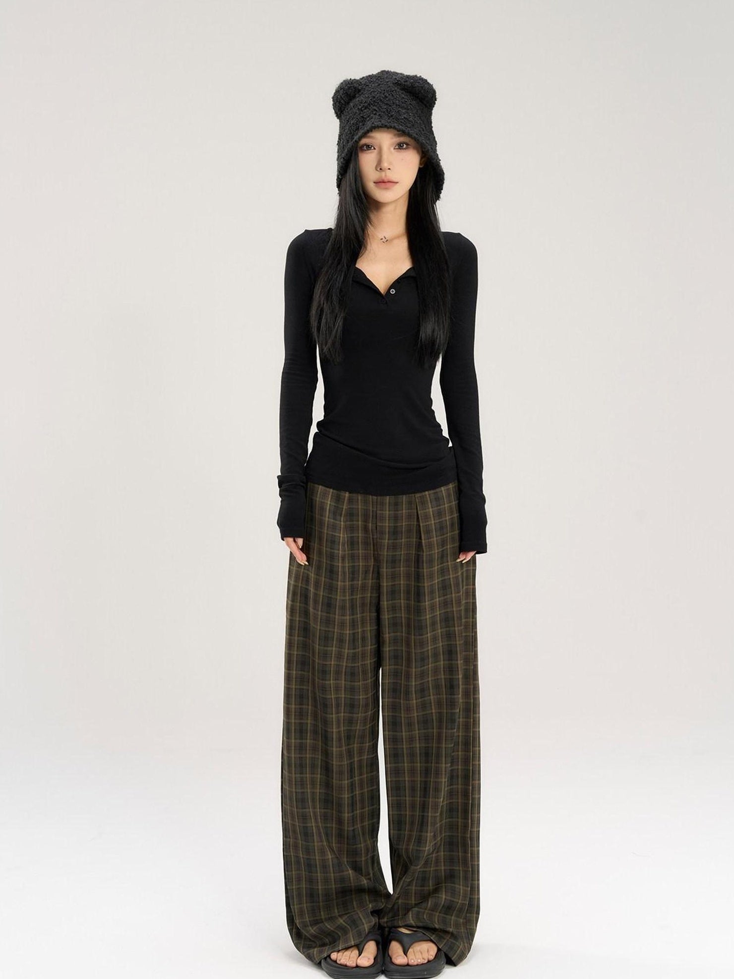 CrushOnit Stretch Cotton Blend Commuter Low Rise Coffee Brown Women Wide Leg Pants