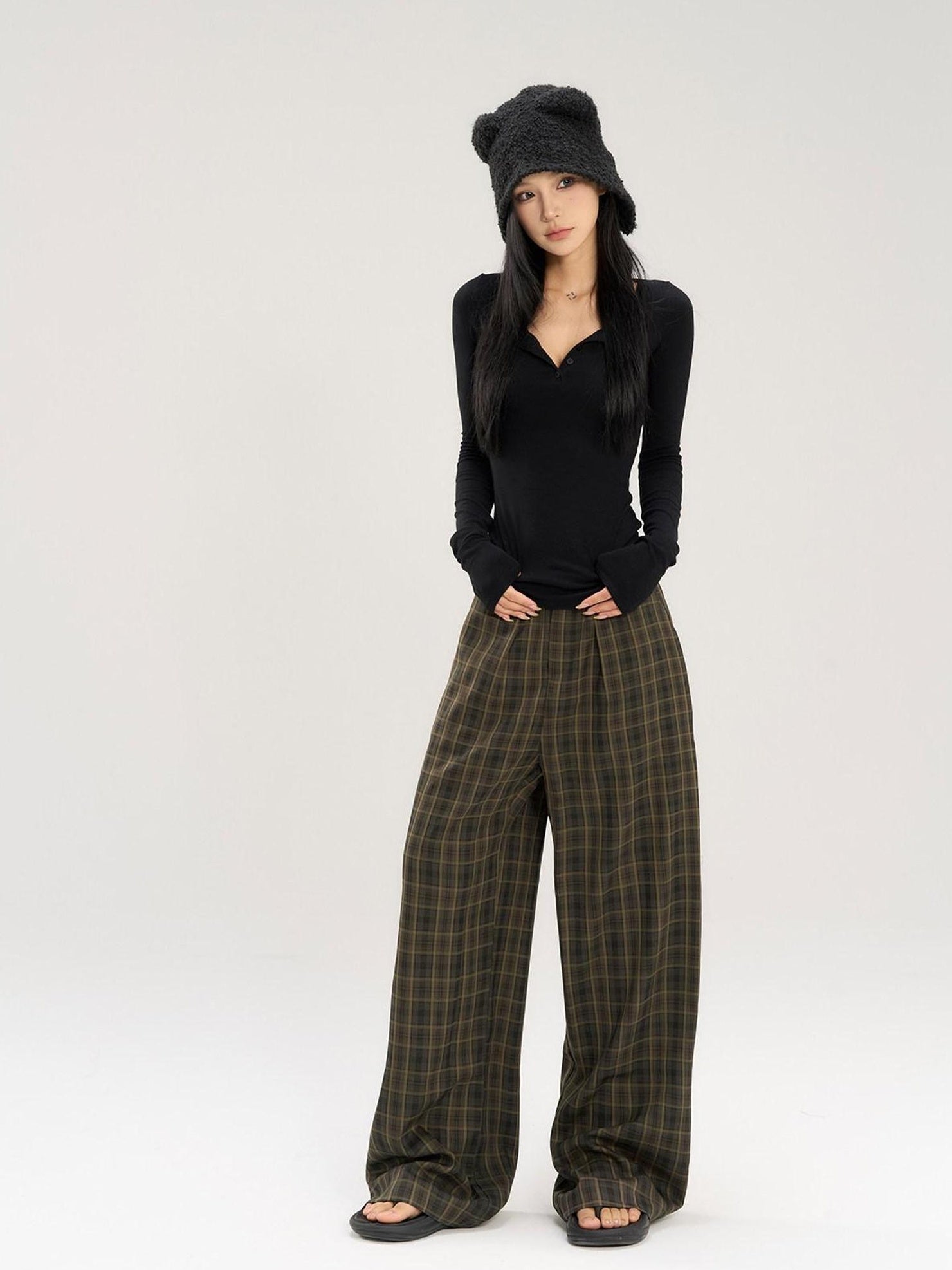 CrushOnit Stretch Cotton Blend Commuter Low Rise Coffee Brown Women Wide Leg Pants