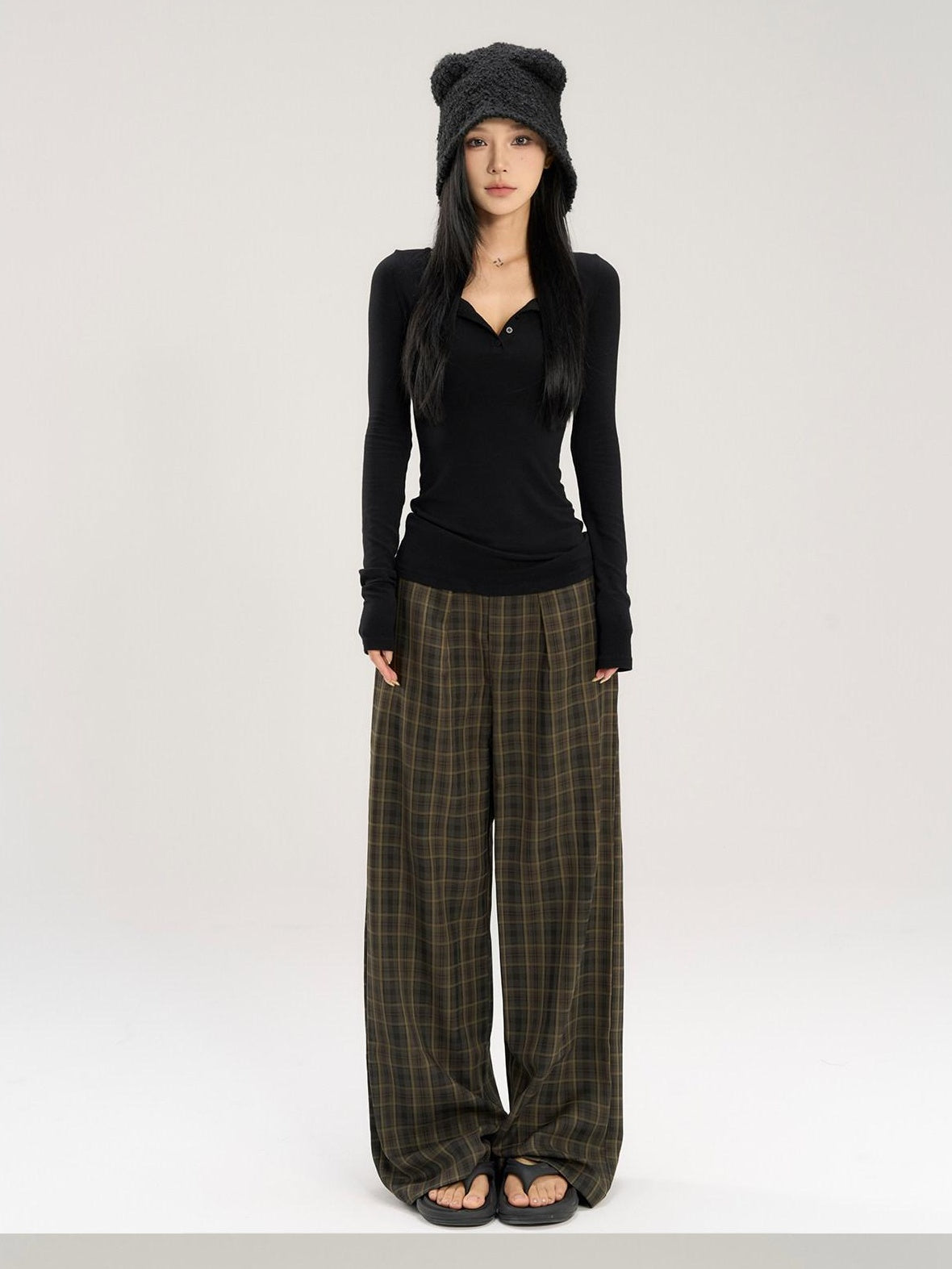 CrushOnit Stretch Cotton Blend Commuter Low Rise Coffee Brown Women Wide Leg Pants