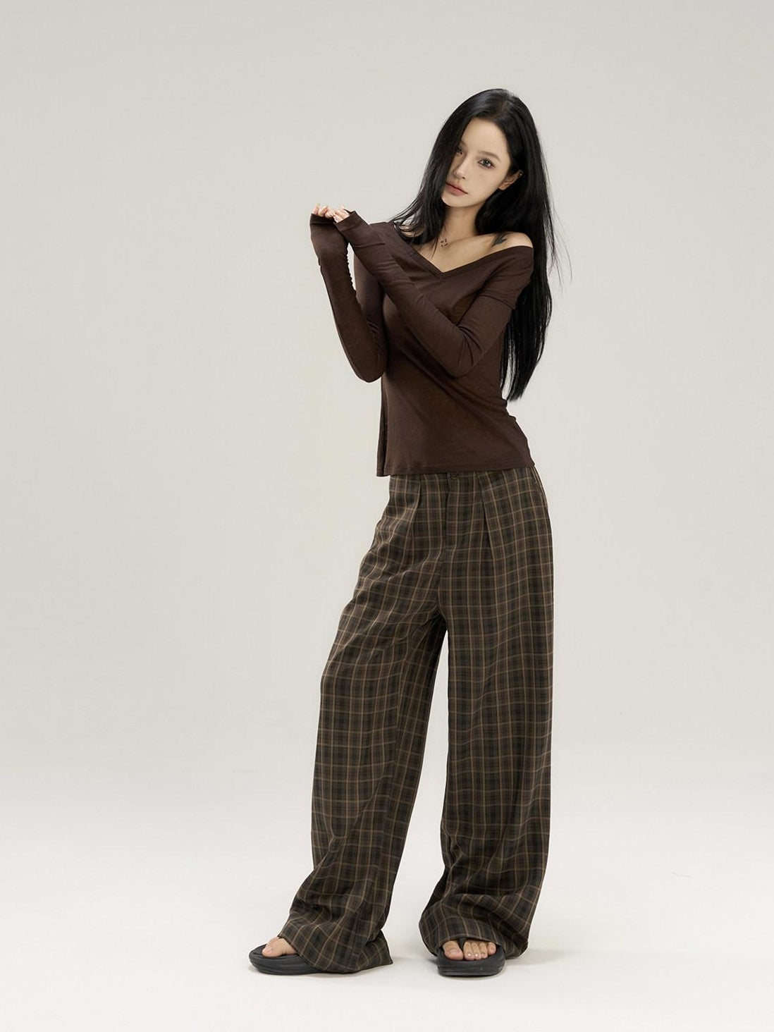 CrushOnit Stretch Cotton Blend Commuter Low Rise Coffee Brown Women Wide Leg Pants