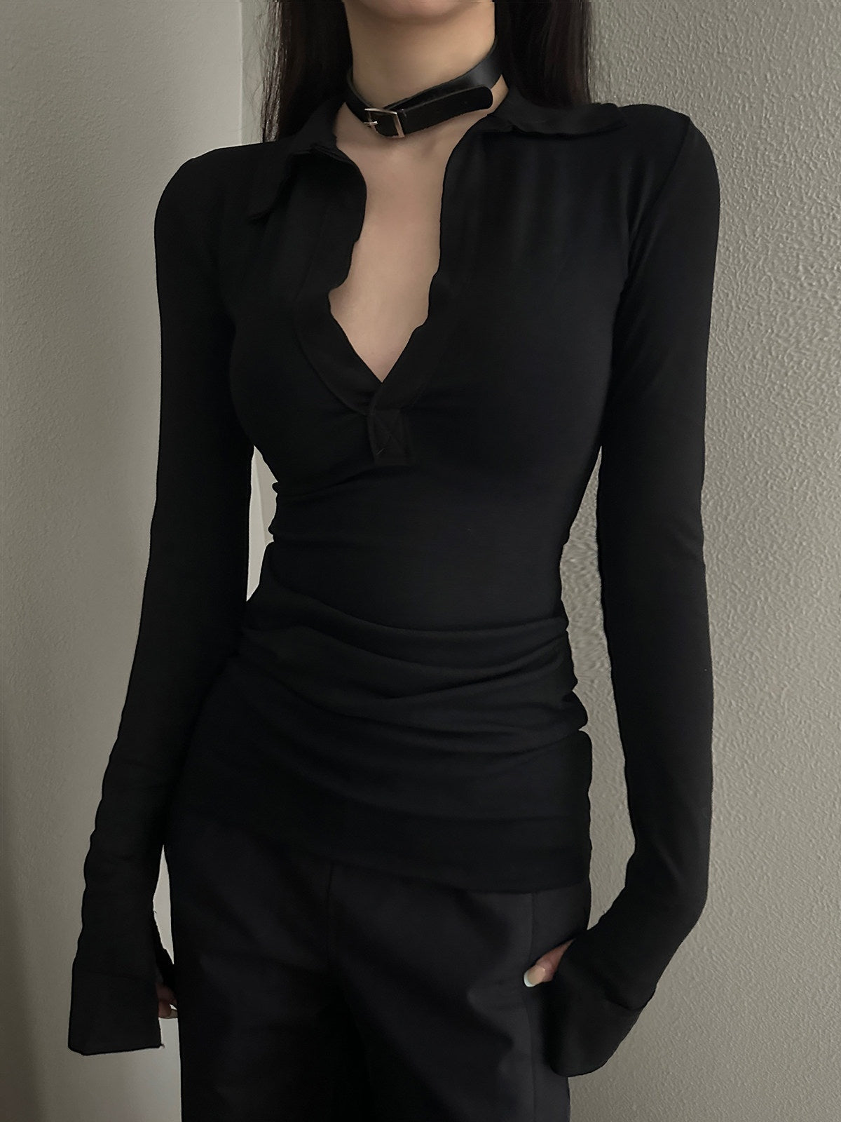 CrushOnit_Stretch_Cotton_Slim_Fit_Office_Henley_Neck_For_Women_Black_Long_Sleeve_T-Shirts_MISSTT