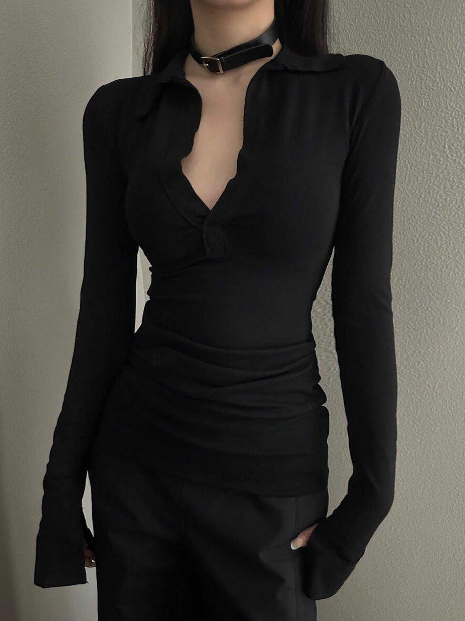 CrushOnit Stretch Cotton Slim Fit Office Henley Neck For Women Black Long Sleeve T-Shirts