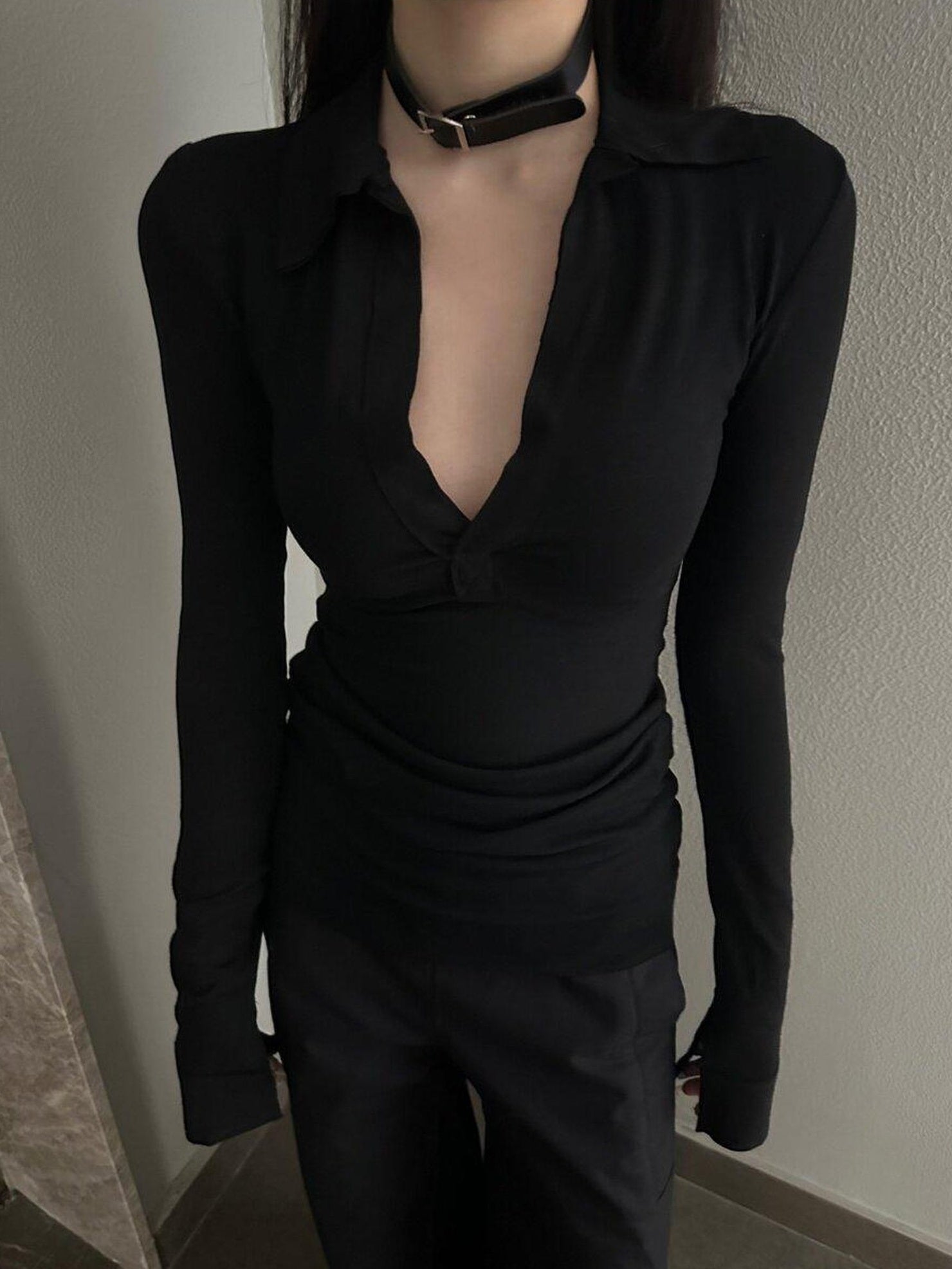 CrushOnit Stretch Cotton Slim Fit Office Henley Neck For Women Black Long Sleeve T-Shirts