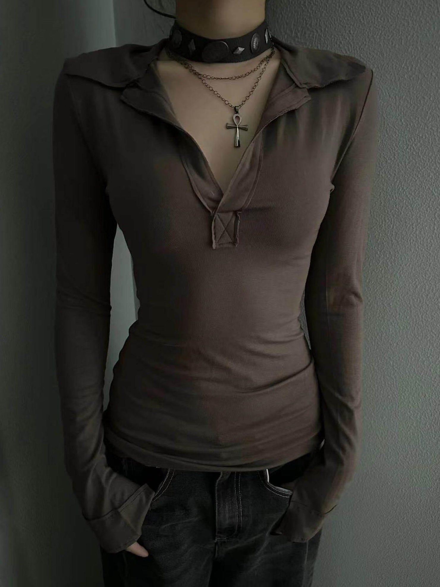 CrushOnit Stretch Cotton Slim Fit Office Henley Neck For Women Black Long Sleeve T-Shirts