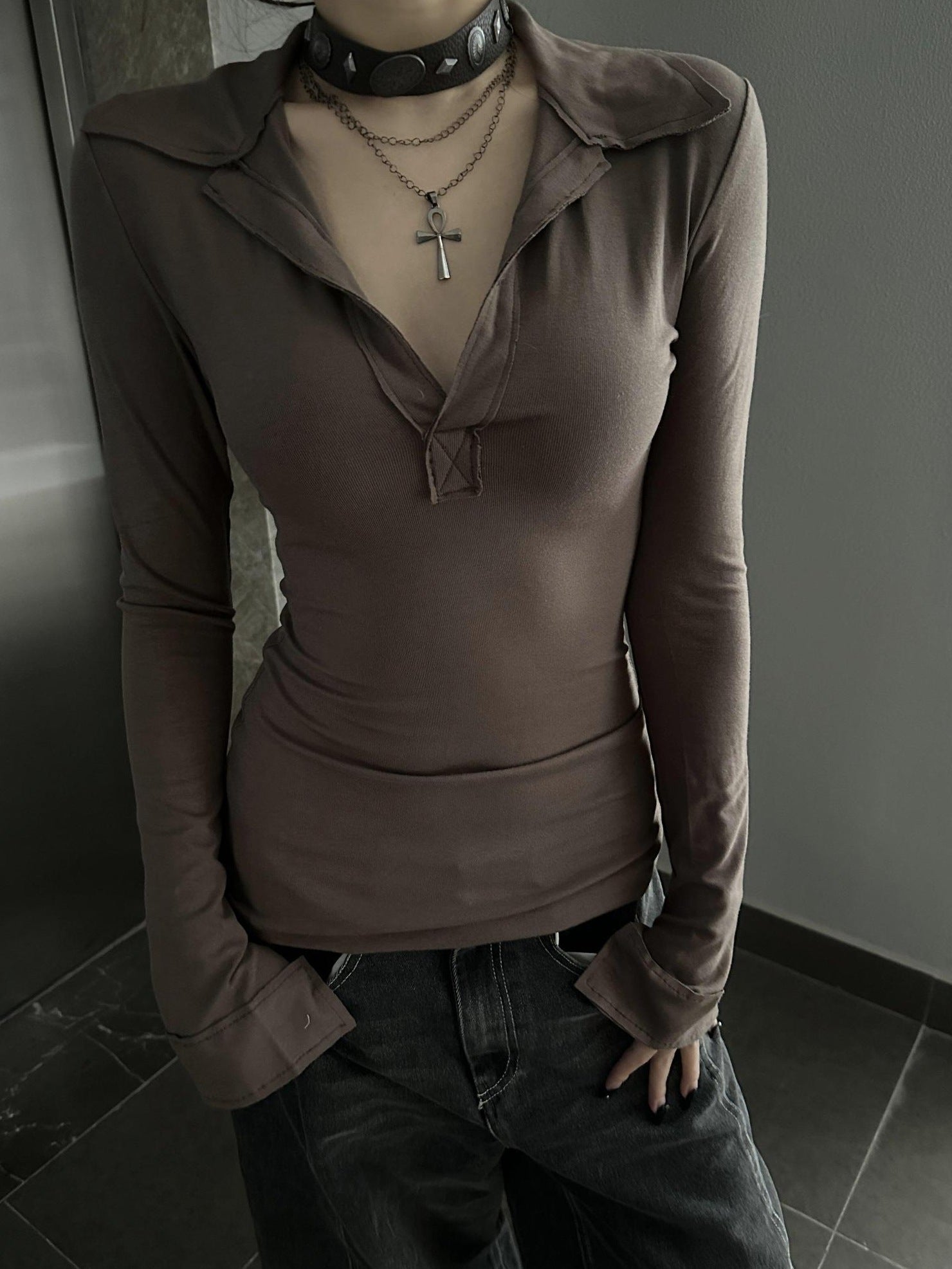 CrushOnit Stretch Cotton Slim Fit Office Henley Neck For Women Black Long Sleeve T-Shirts