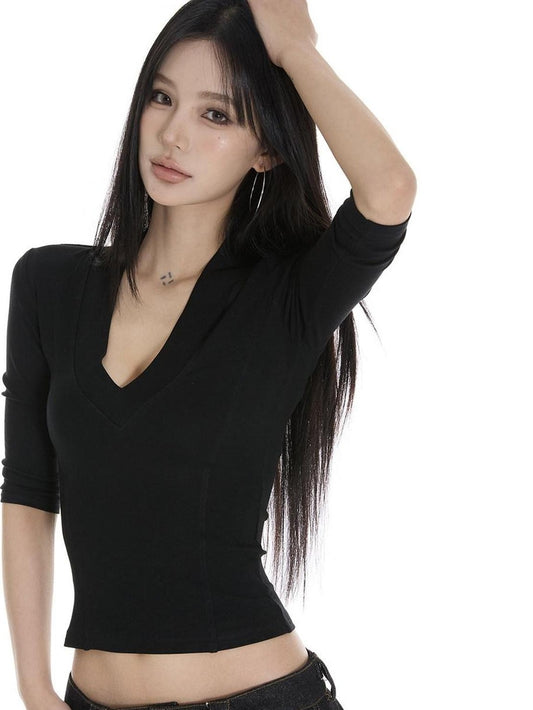 CrushOnit Stretch Cotton V-neck Slim Black Three Quarter Sleeve Long Sleeve T-Shirts