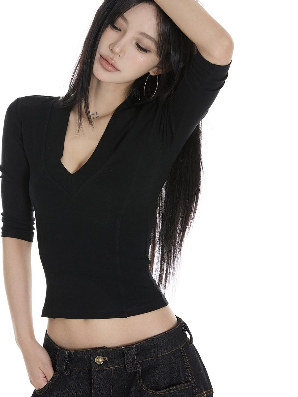 CrushOnit Stretch Cotton V-neck Slim Black Three Quarter Sleeve Long Sleeve T-Shirts