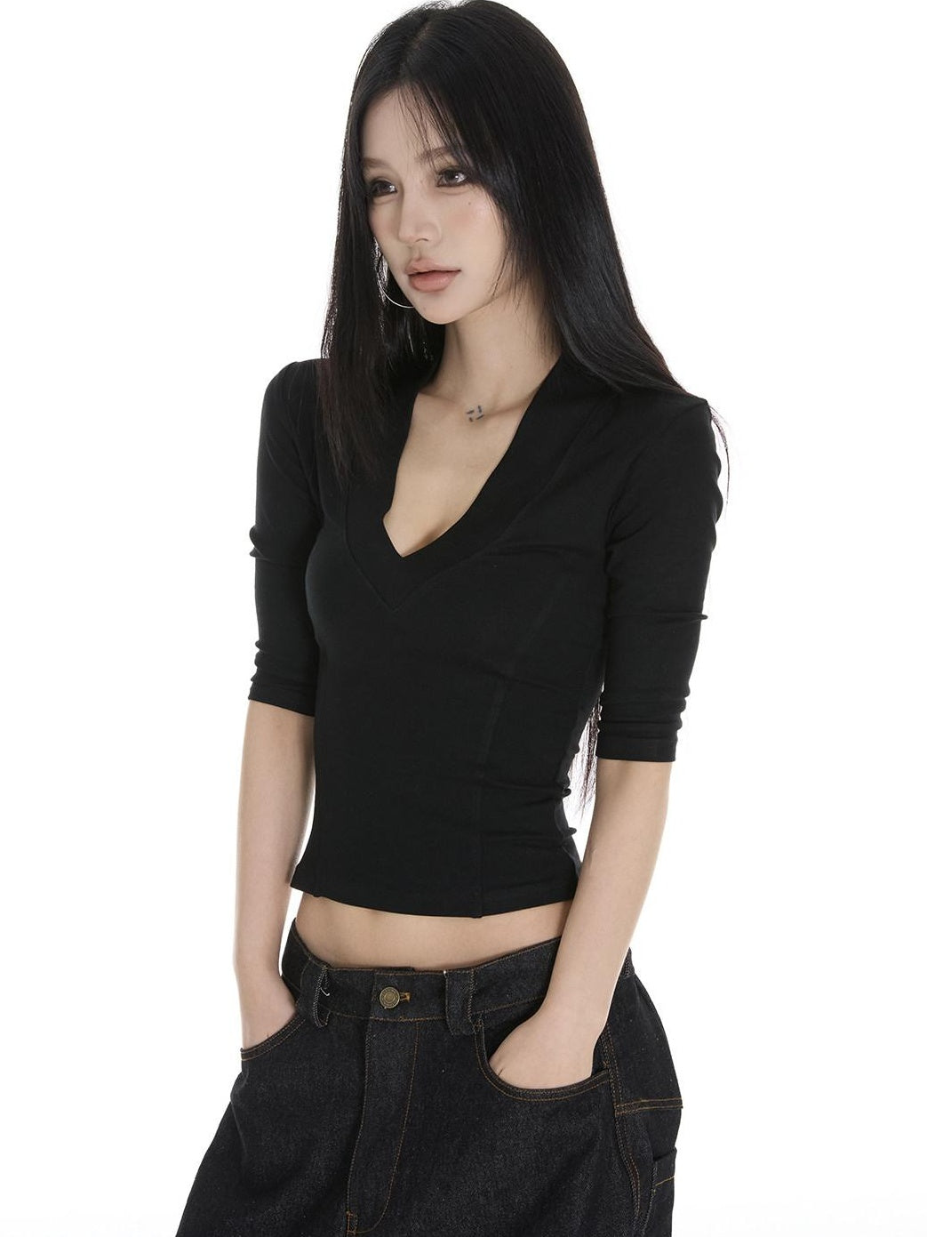 CrushOnit Stretch Cotton V-neck Slim Black Three Quarter Sleeve Long Sleeve T-Shirts