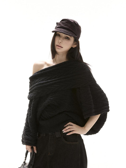 CrushOnit Thermal Street Loose Pleated Boat Neck Women Knit Pullover Black Sweaters