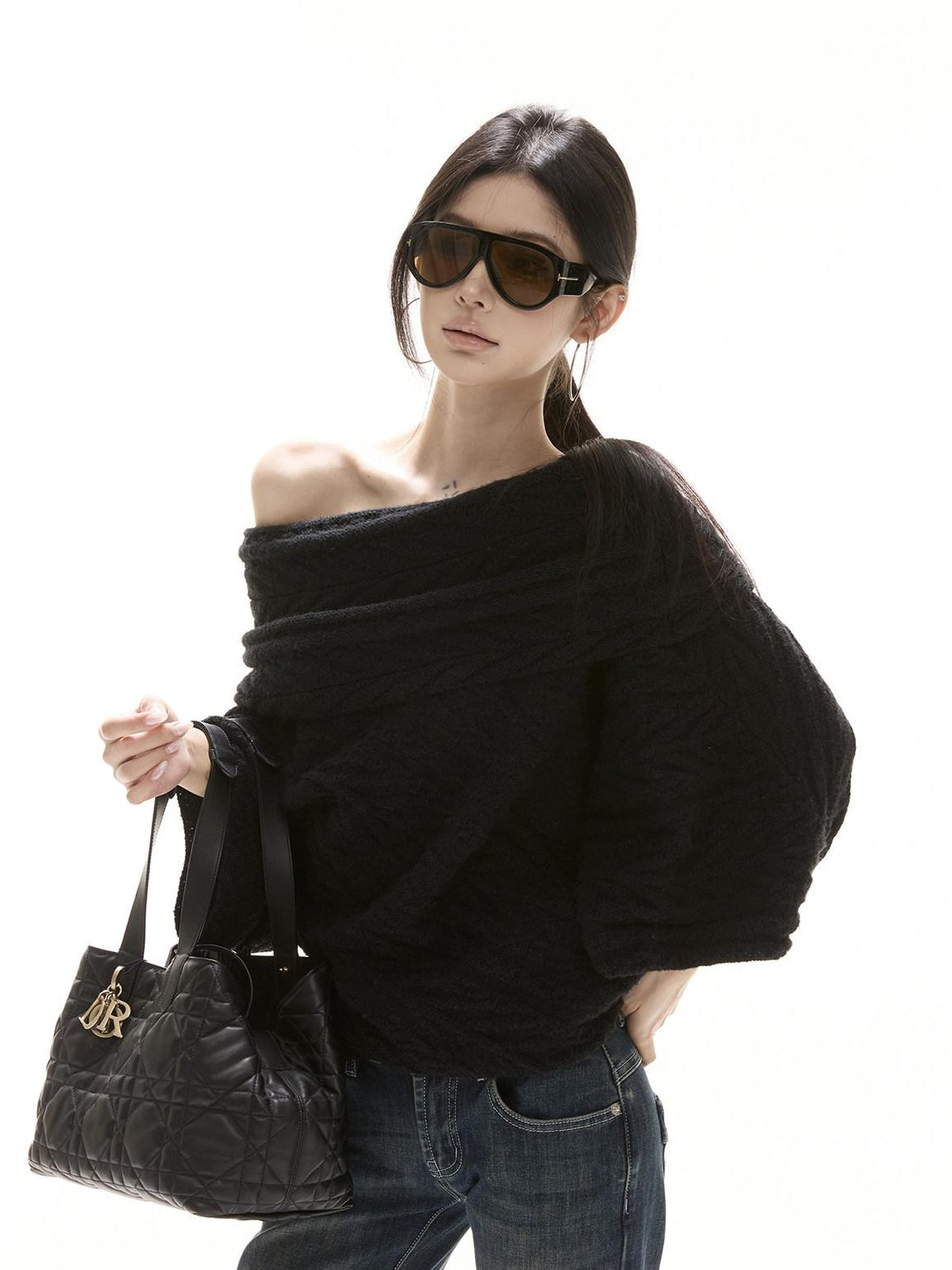 CrushOnit Thermal Street Loose Pleated Boat Neck Women Knit Pullover Black Sweaters