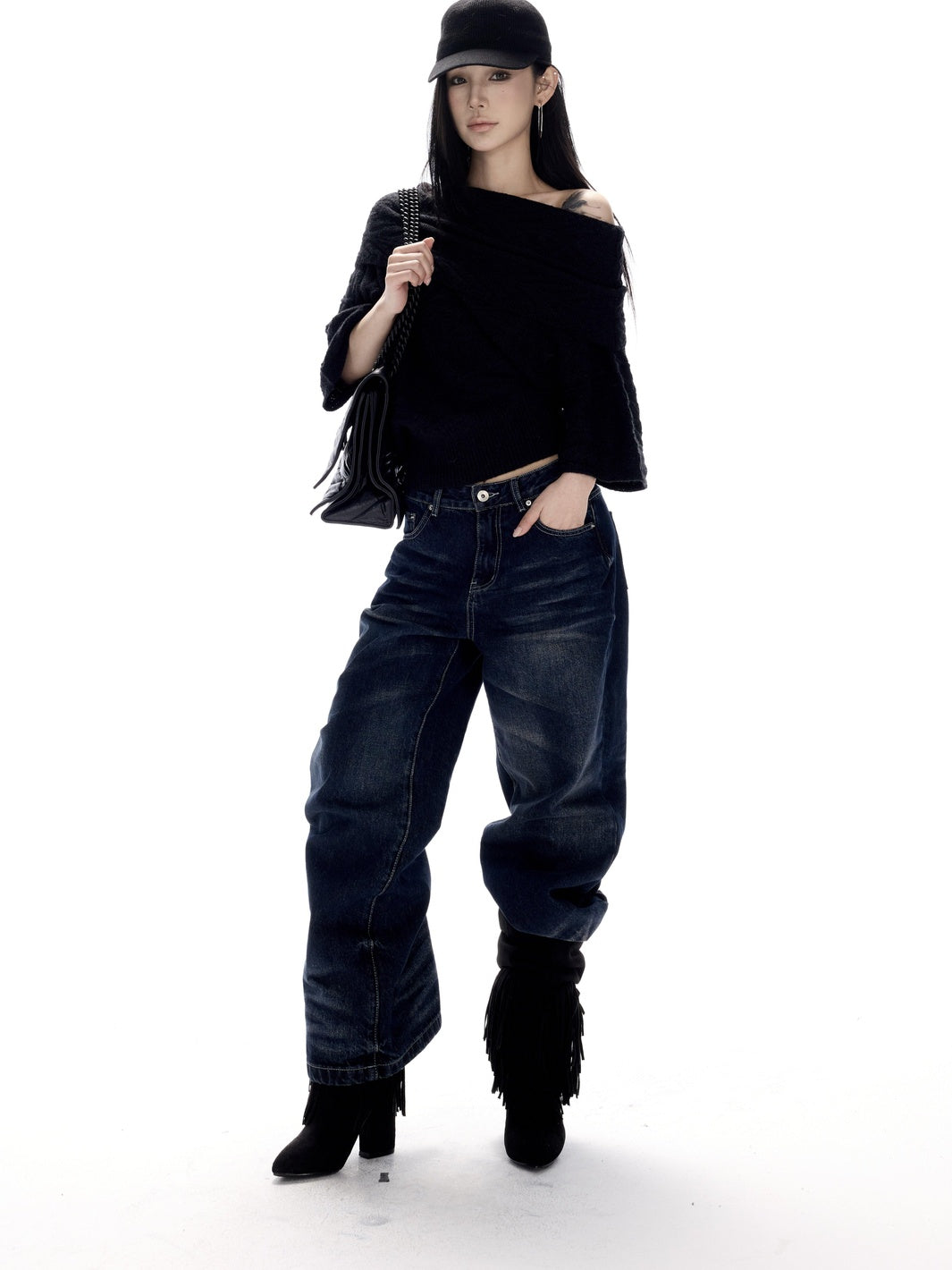 CrushOnit Thermal Street Loose Pleated Boat Neck Women Knit Pullover Black Sweaters