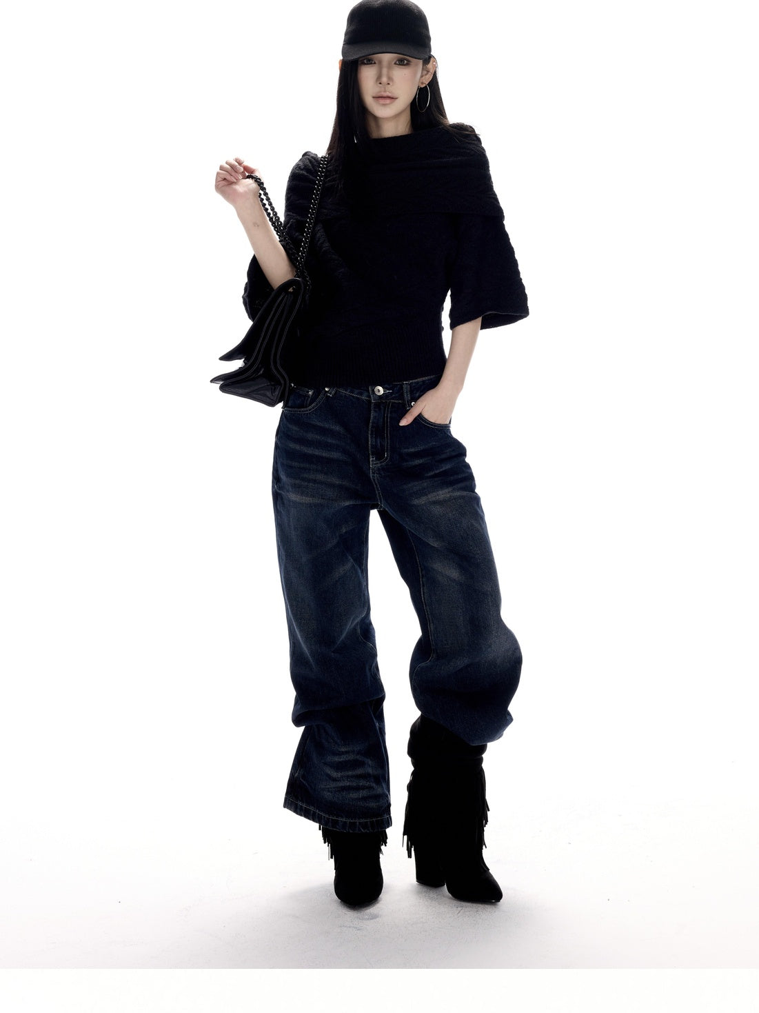 CrushOnit Thermal Street Loose Pleated Boat Neck Women Knit Pullover Black Sweaters