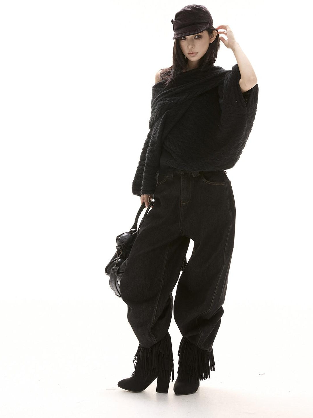 CrushOnit Thermal Street Loose Pleated Boat Neck Women Knit Pullover Black Sweaters